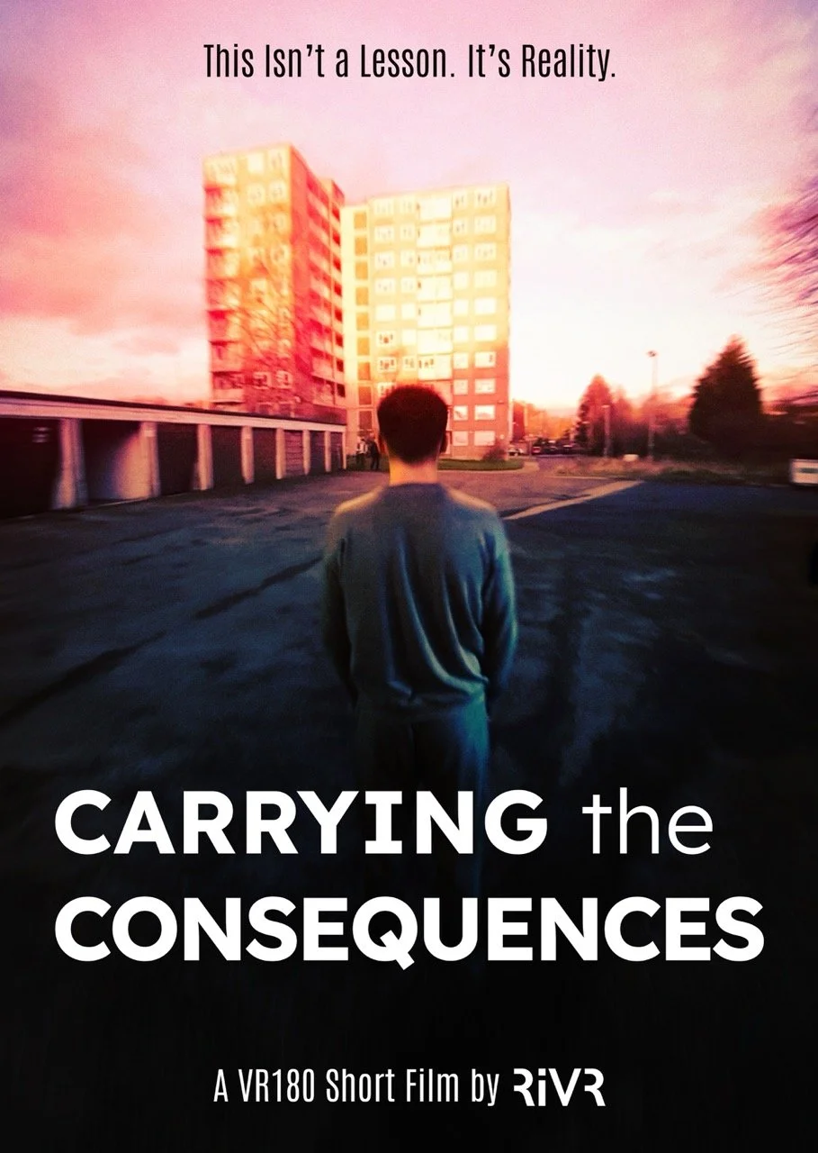 Poster for a short film titled 'Carrying the Consequences,' showing a person from behind standing in an empty parking lot at sunset, with a tall building in the background, and the quote 'This Isn't a Lesson. It's Reality.' at the top.