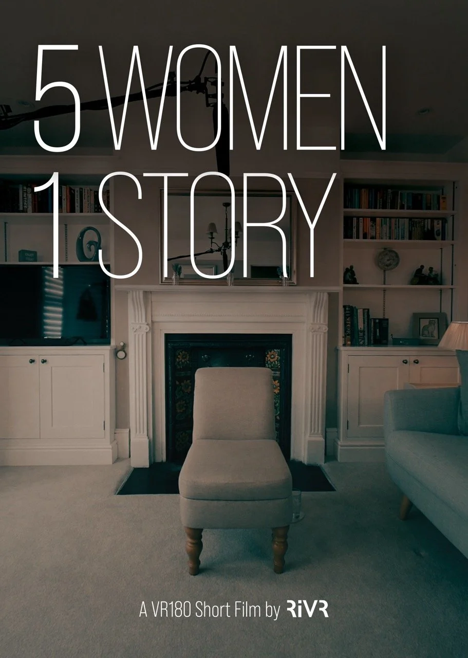 Living room with a fireplace, a beige armchair in front, and a bookshelf; text on the image reads '5 Women 1 Story,' with a subtitle 'A VR180 Short Film by RiVR'.