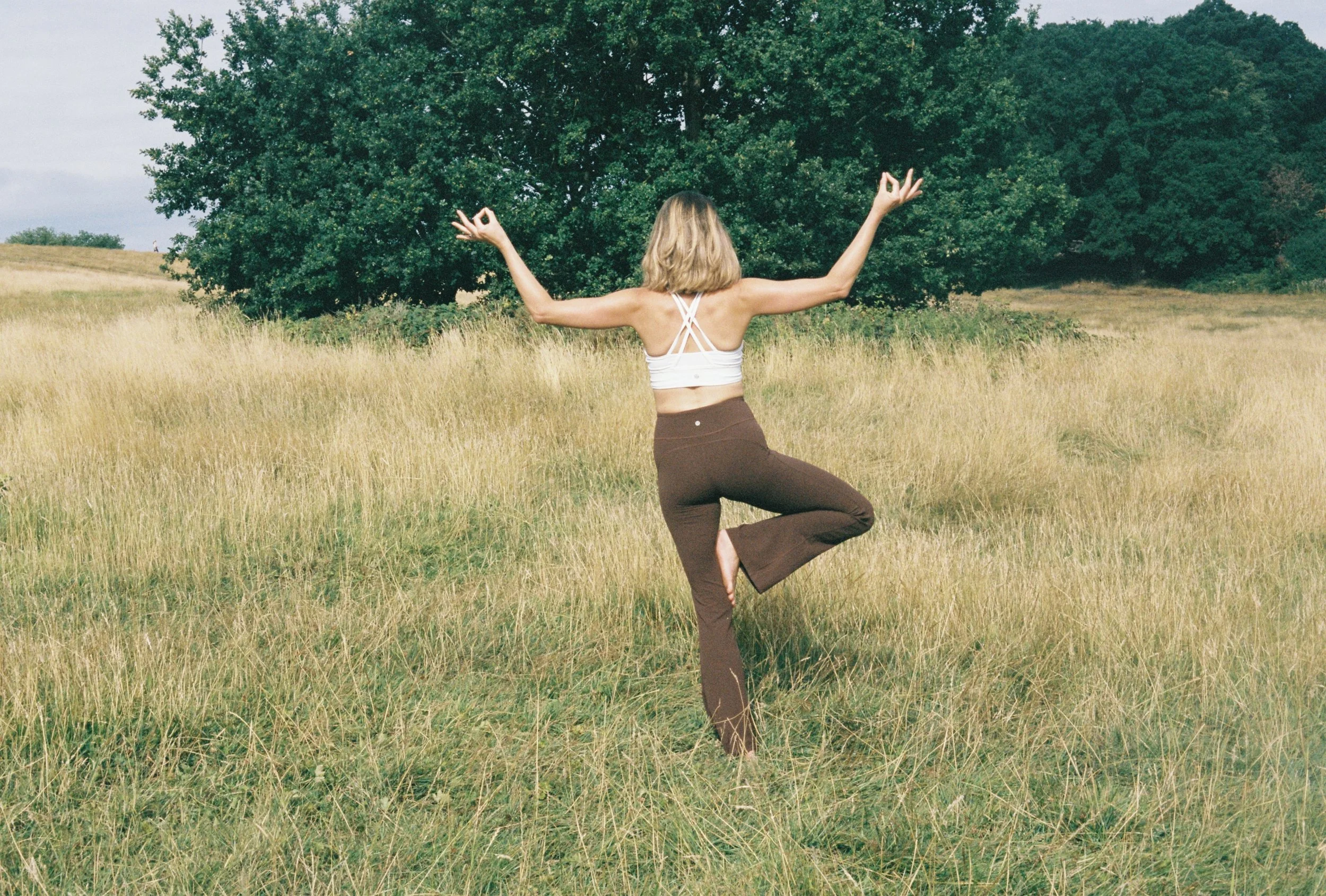 A woman practicing yoga in a field with tall grass, standing on one leg in tree pose with arms raised and palms together, facing away from the camera towards a large green tree.
