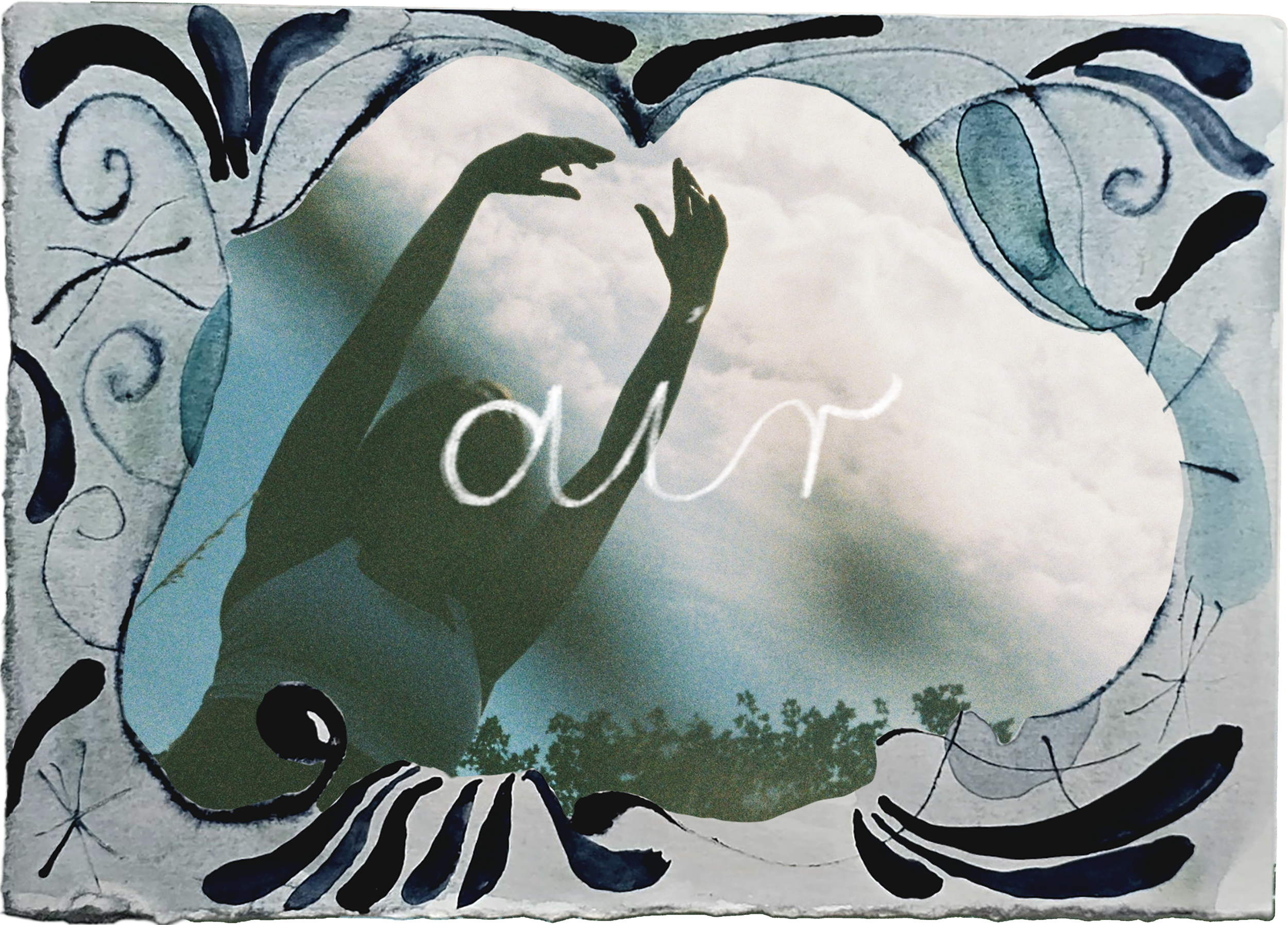 A painted illustration features a bear's face surrounded by abstract black and white swirl patterns. The bear's face appears in a stylized, artistic form, with black eyes and snout, and the background includes elements that resemble clouds and trees.