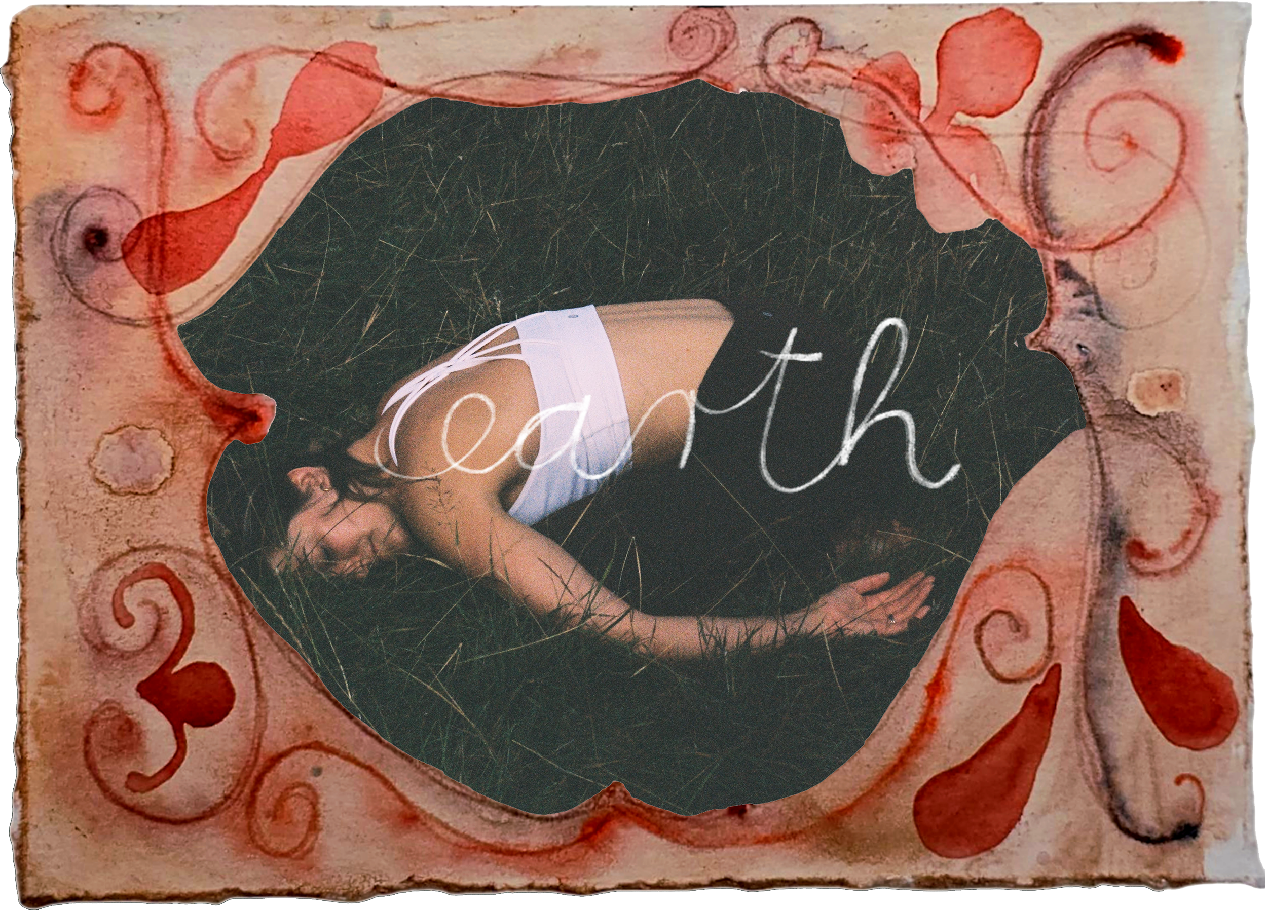A mixed media artwork featuring a woman in white attire, with a black background and a handwritten style message that says, 'Can't.' The background consists of a textured, reddish, abstract pattern with circular and spiral shapes.