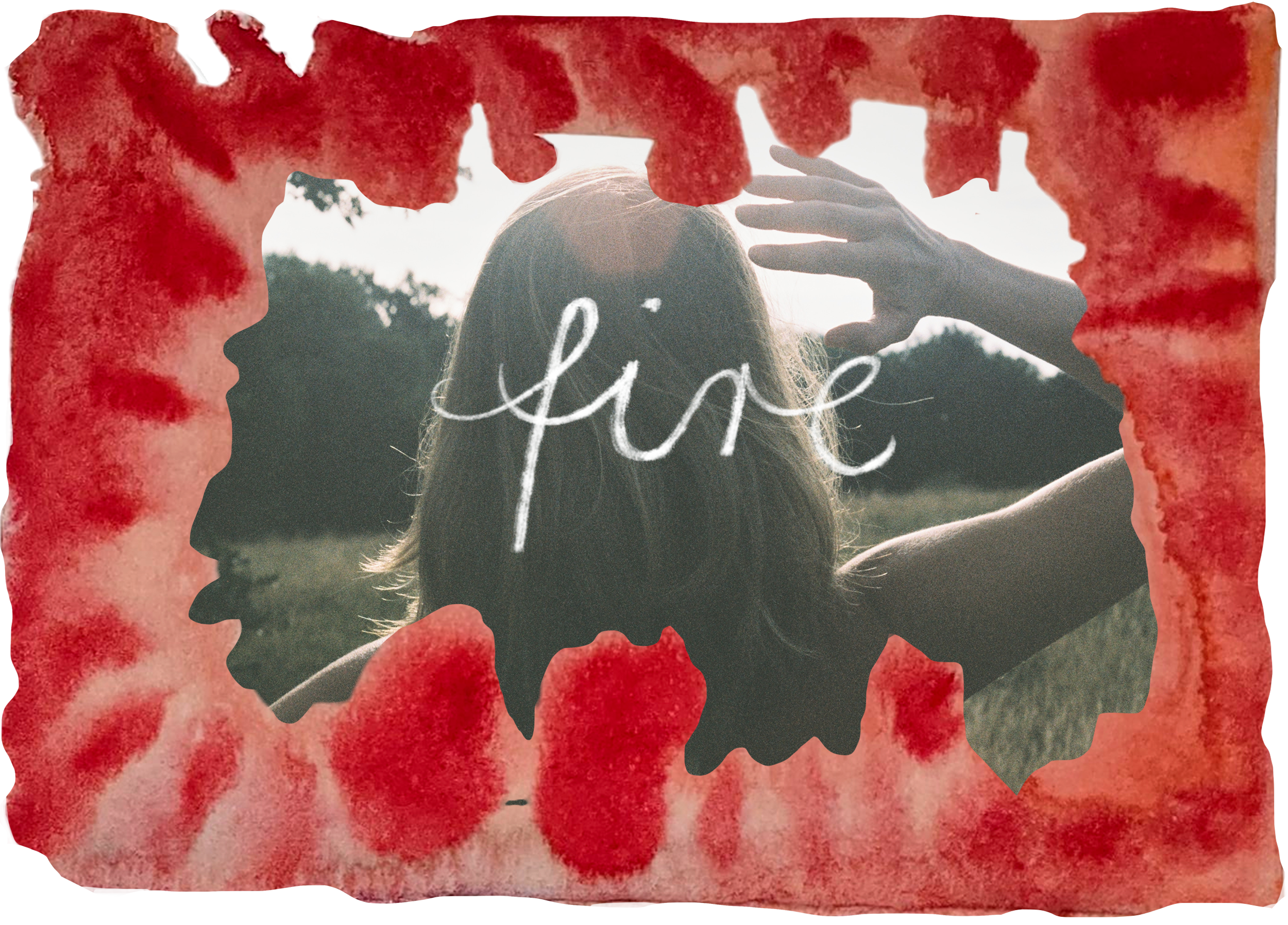 A person with long hair outdoors at sunset with hands raised towards the sky, framed by a large red and orange watercolor splash overlay with the word 'love' written in white script in the center.