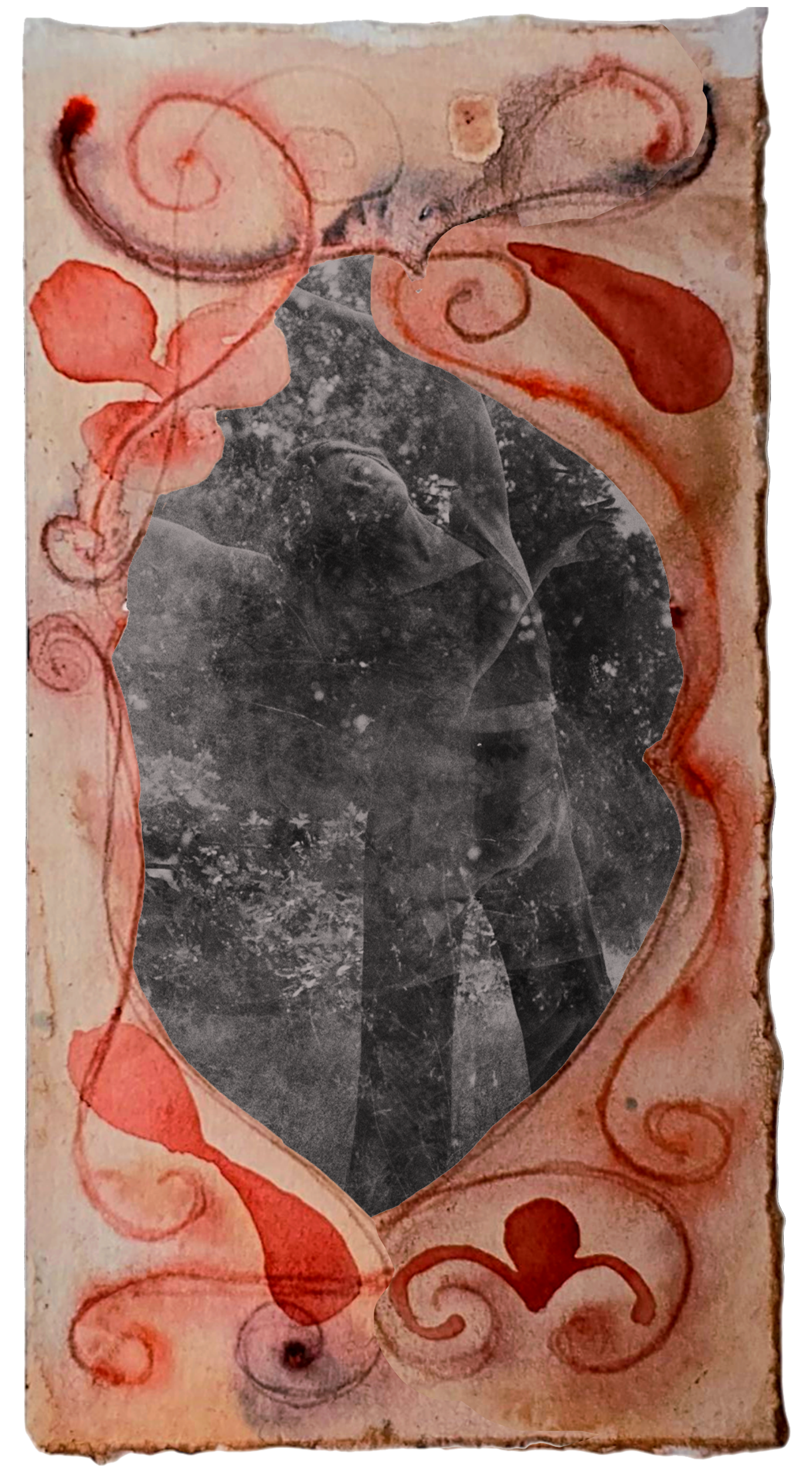 A black and white photograph of a woman outdoors with trees in the background, framed by a decorative red and pink swirl border.