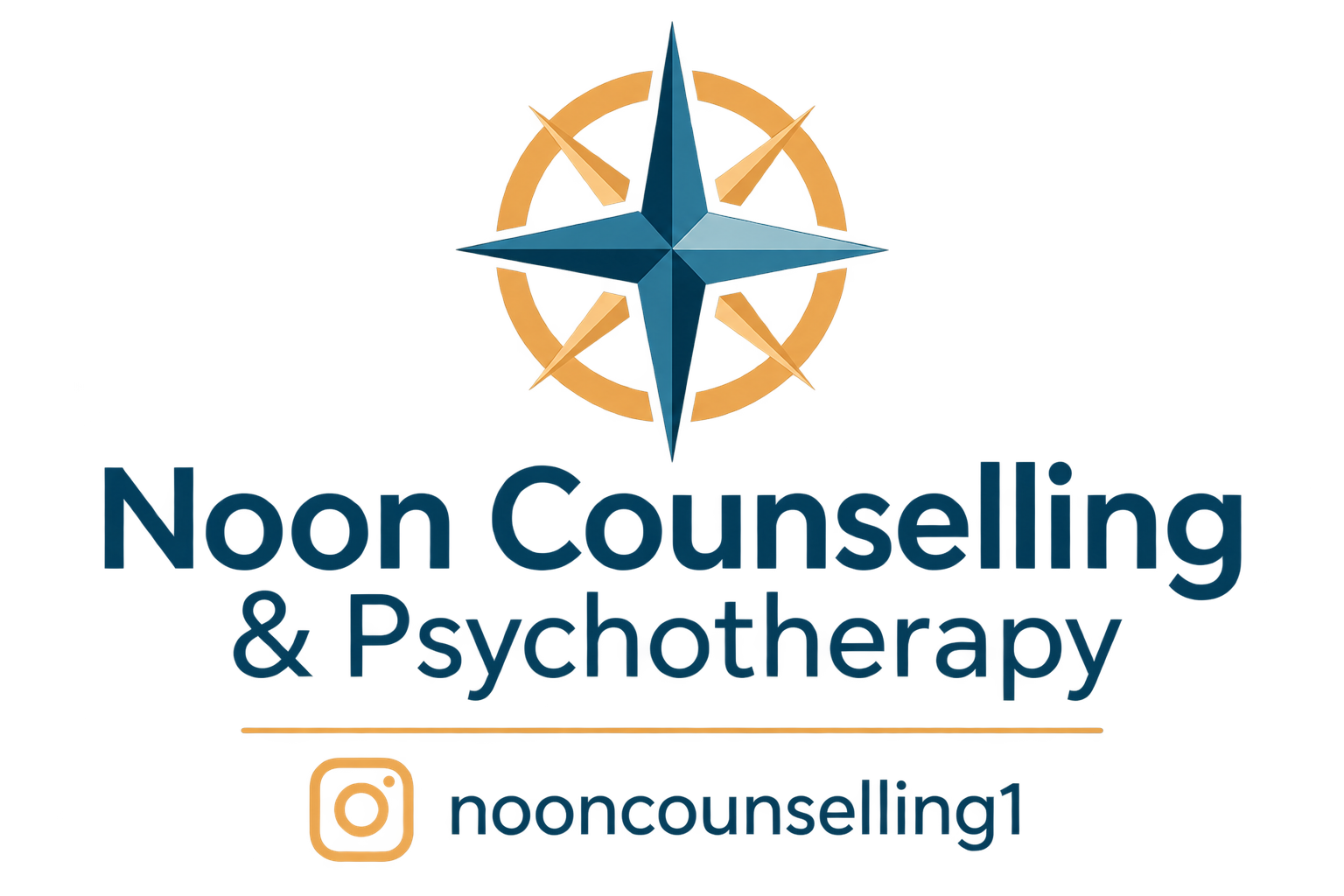 Logo for Noon Counselling and Psychotherapy, featuring a compass with blue and gold colours, including a social media handle for Instagram.