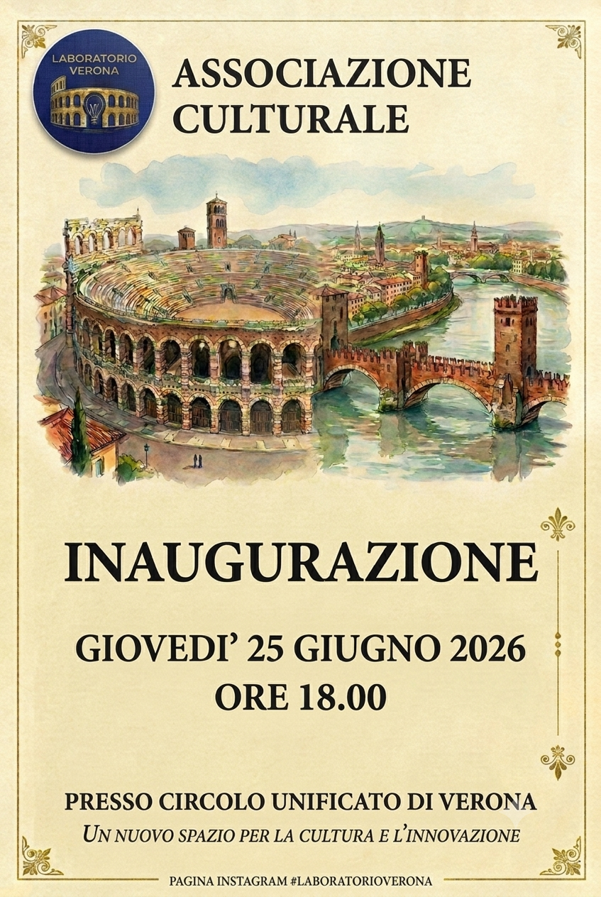 Locandina con una illustrazione del Ponte di Castelvecchio e del centro storico di Verona, con il logo di Laboratorio Verona in alto a sinistra, annuncio dell'inaugurazione dell'associazione culturale il 25 giugno 2026 alle 18:00 presso Circolo Unificato di Verona.