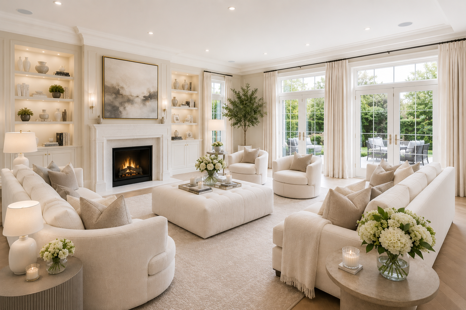 A bright and elegant living room with cream-colored furniture, a fireplace, large windows with white curtains, and a view of a patio with outdoor seating surrounded by greenery.