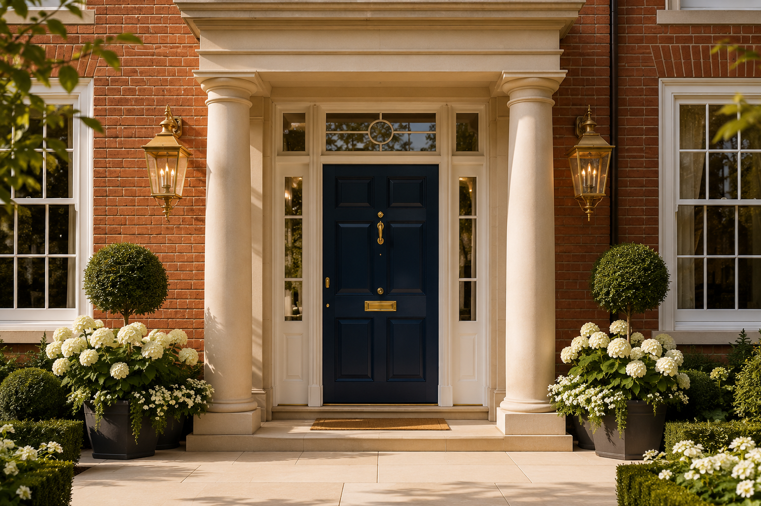 Front entrance of a house with a navy door, two large potted topiary plants, white hydrangeas, brick walls, and wall-mounted lanterns.