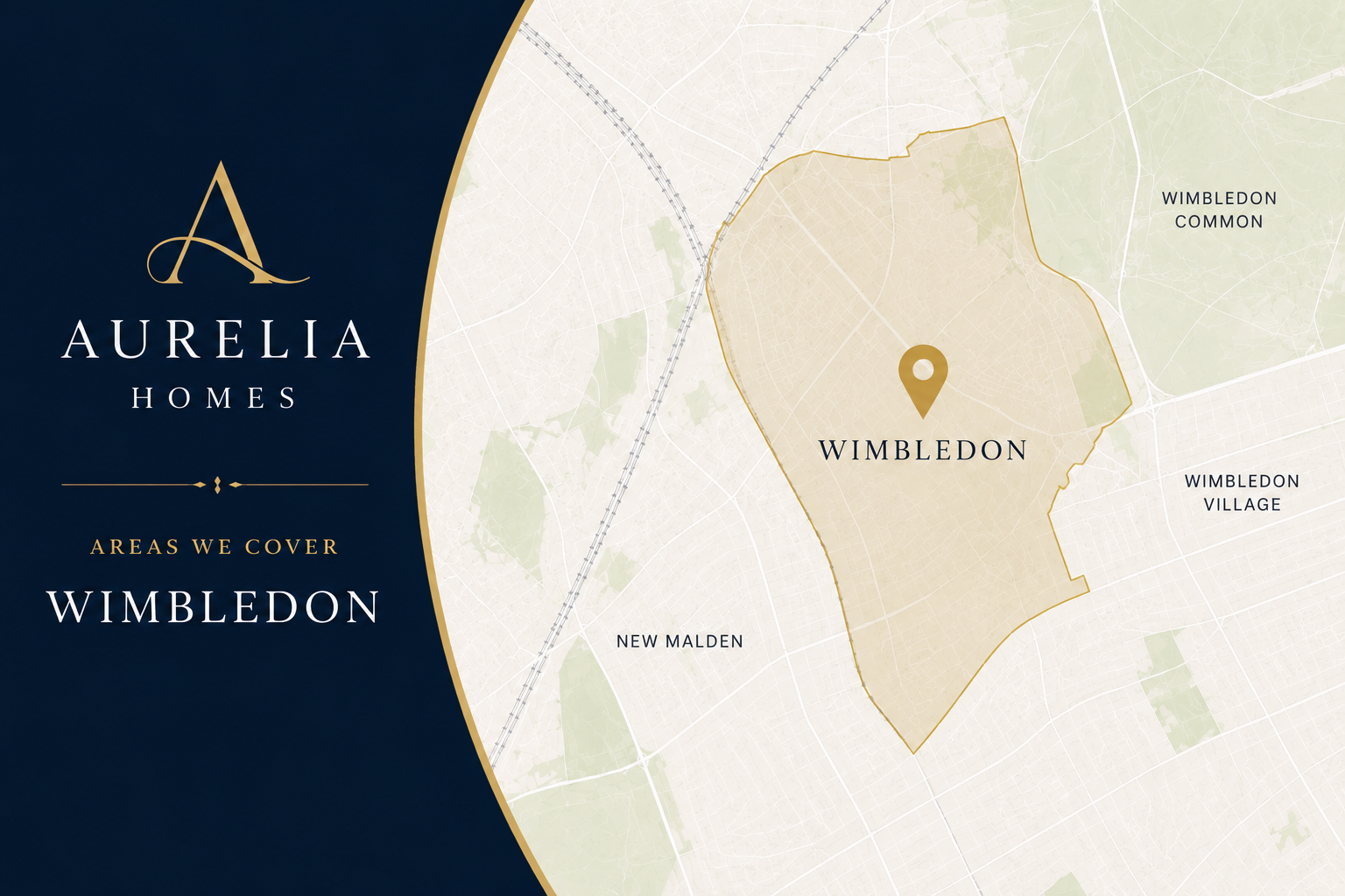 Map showing the area covered by Aurelia Homes in Wimbledon, with a highlighted region of Wimbledon and nearby neighborhoods.