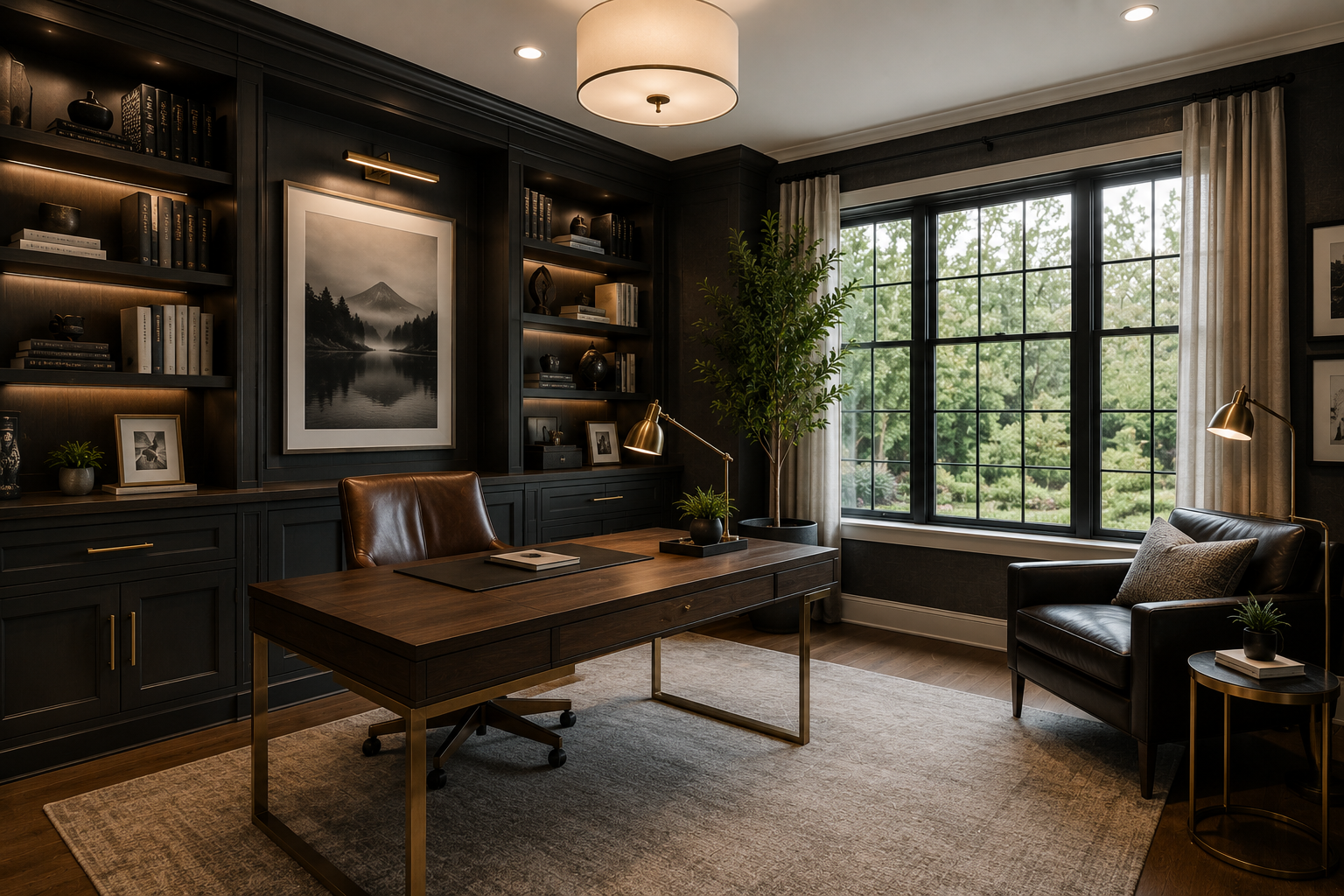 Modern home office with dark wood bookshelves, a wooden desk, leather office chair, black armchair, large window with curtains, and green plants.