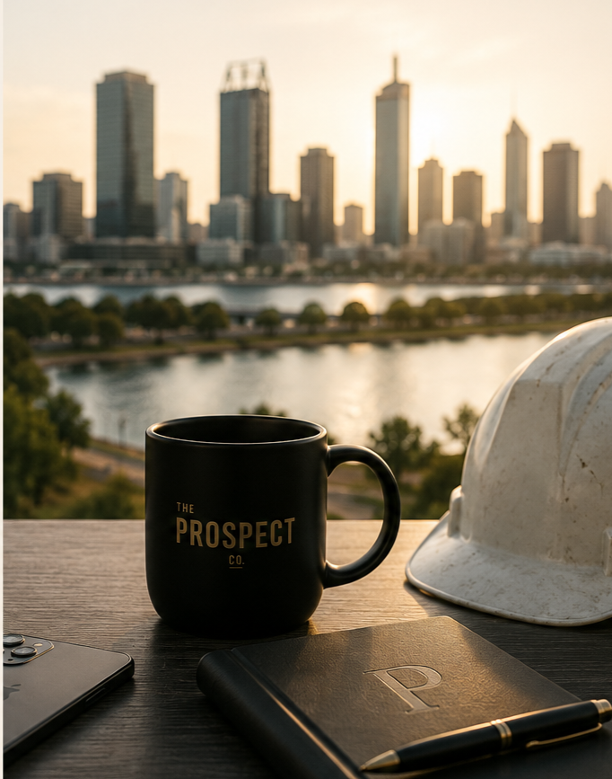 A black coffee mug with 'The Prospect Co.' written on it, a white construction helmet, a black notebook with a gold pen, and part of a laptop on a wooden table, with a city skyline and a river in the background during sunset.