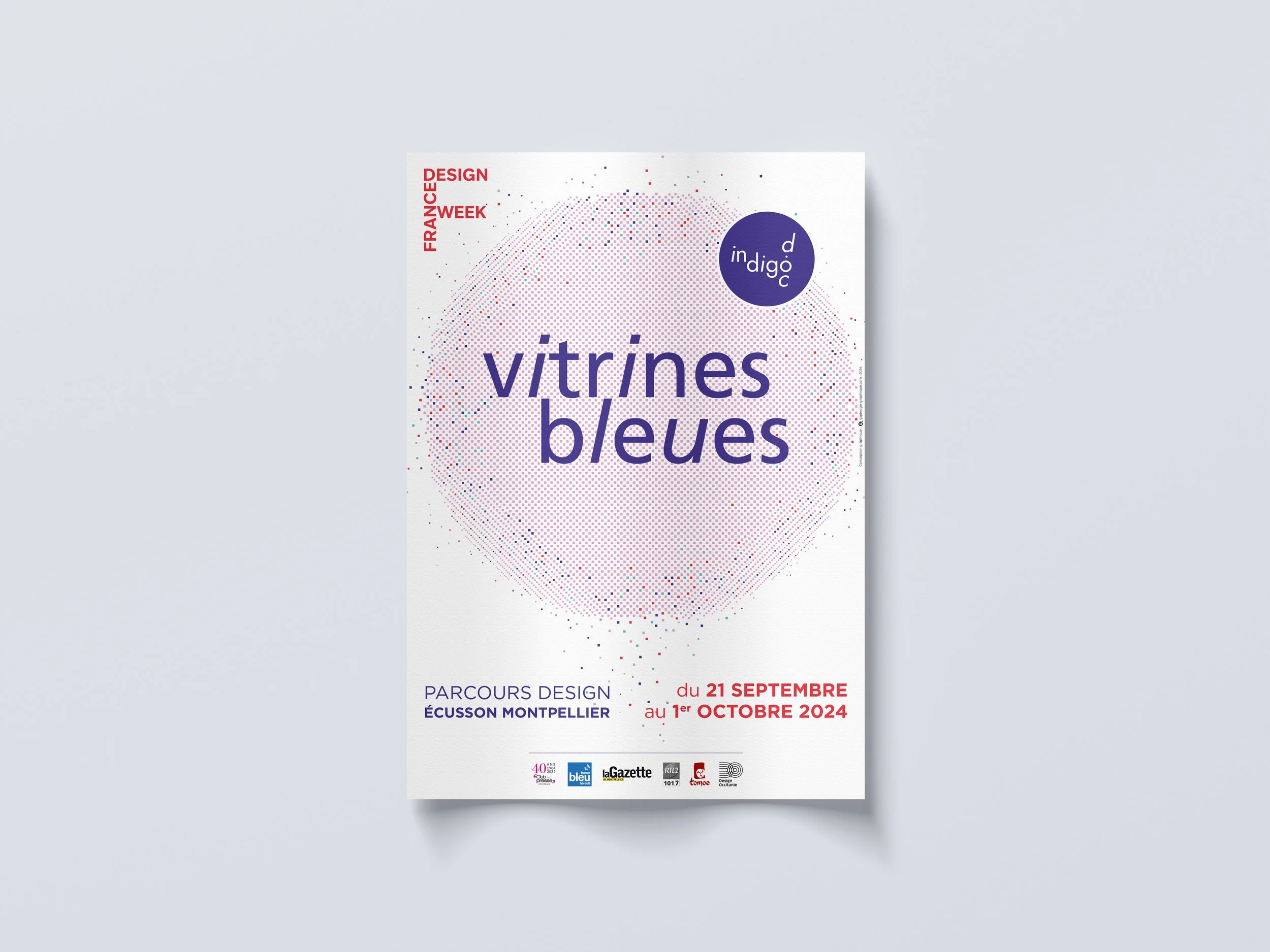 Affiche Vitrines Bleues affichée dans les commerces participant à l'événement culturel montpelliérain