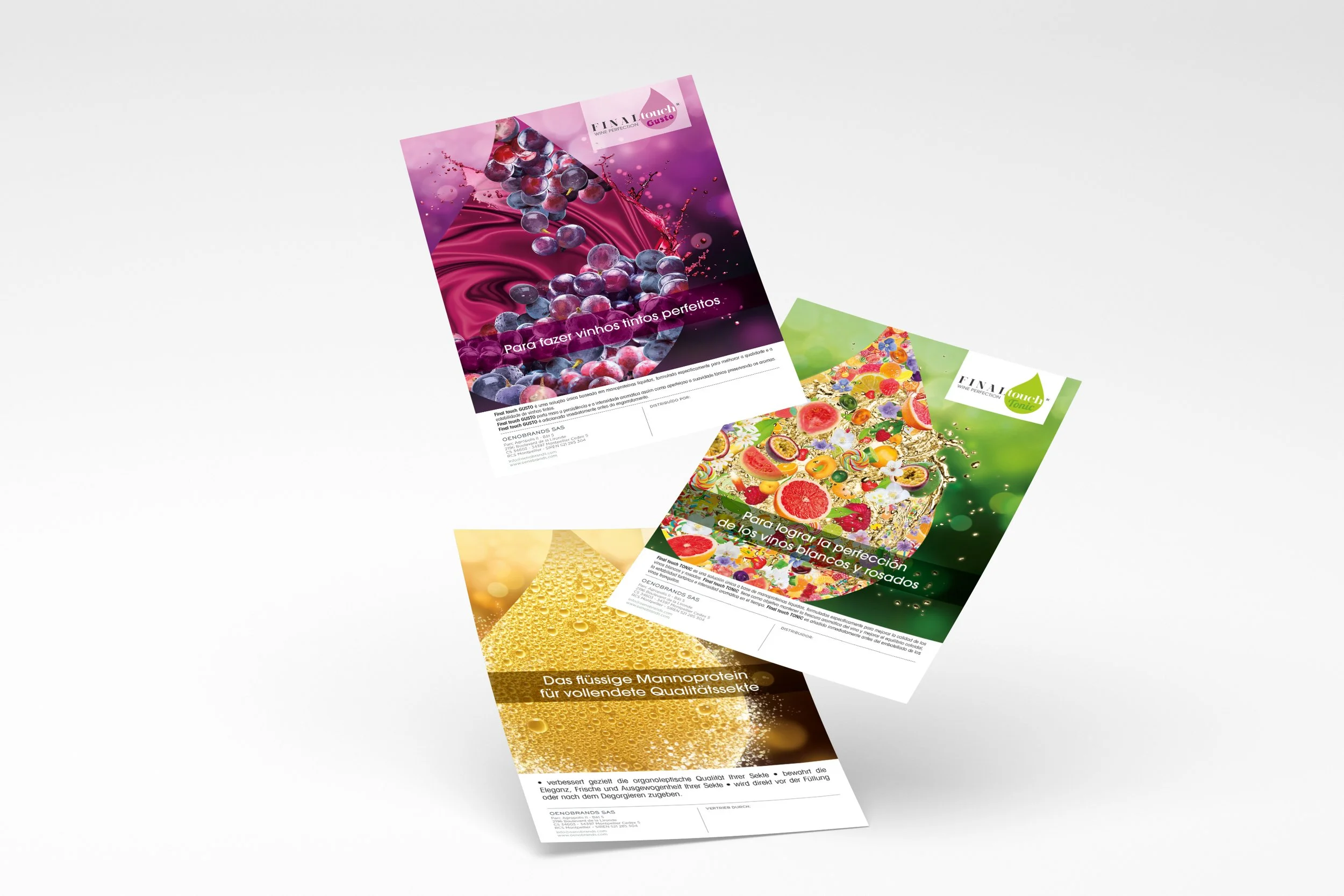 Publicités final touch, trois gammes de mannoprotéines multilingues, vue en mouvement
