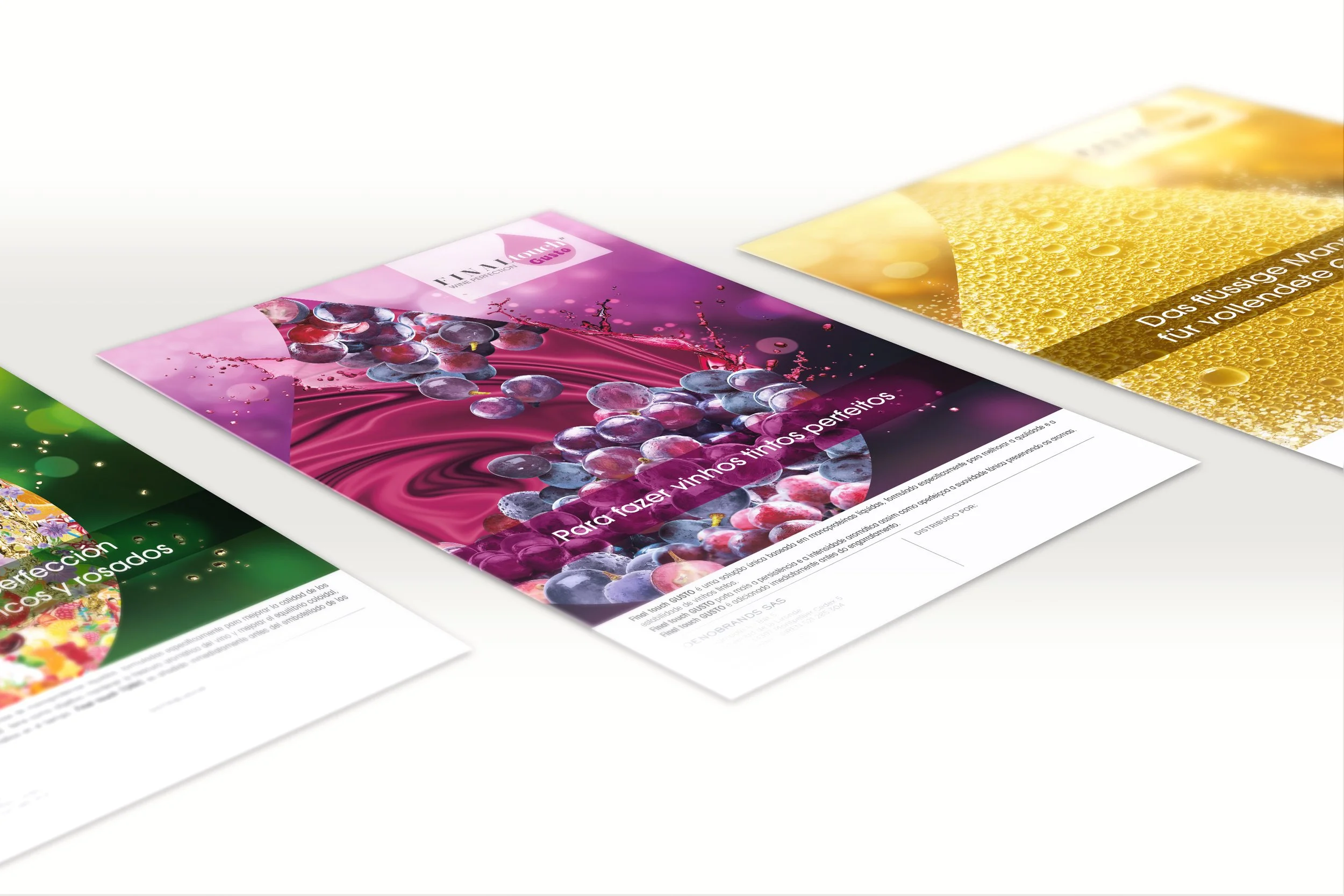 Publicités final touch, trois gammes de mannoprotéines multilingues, vue à plat