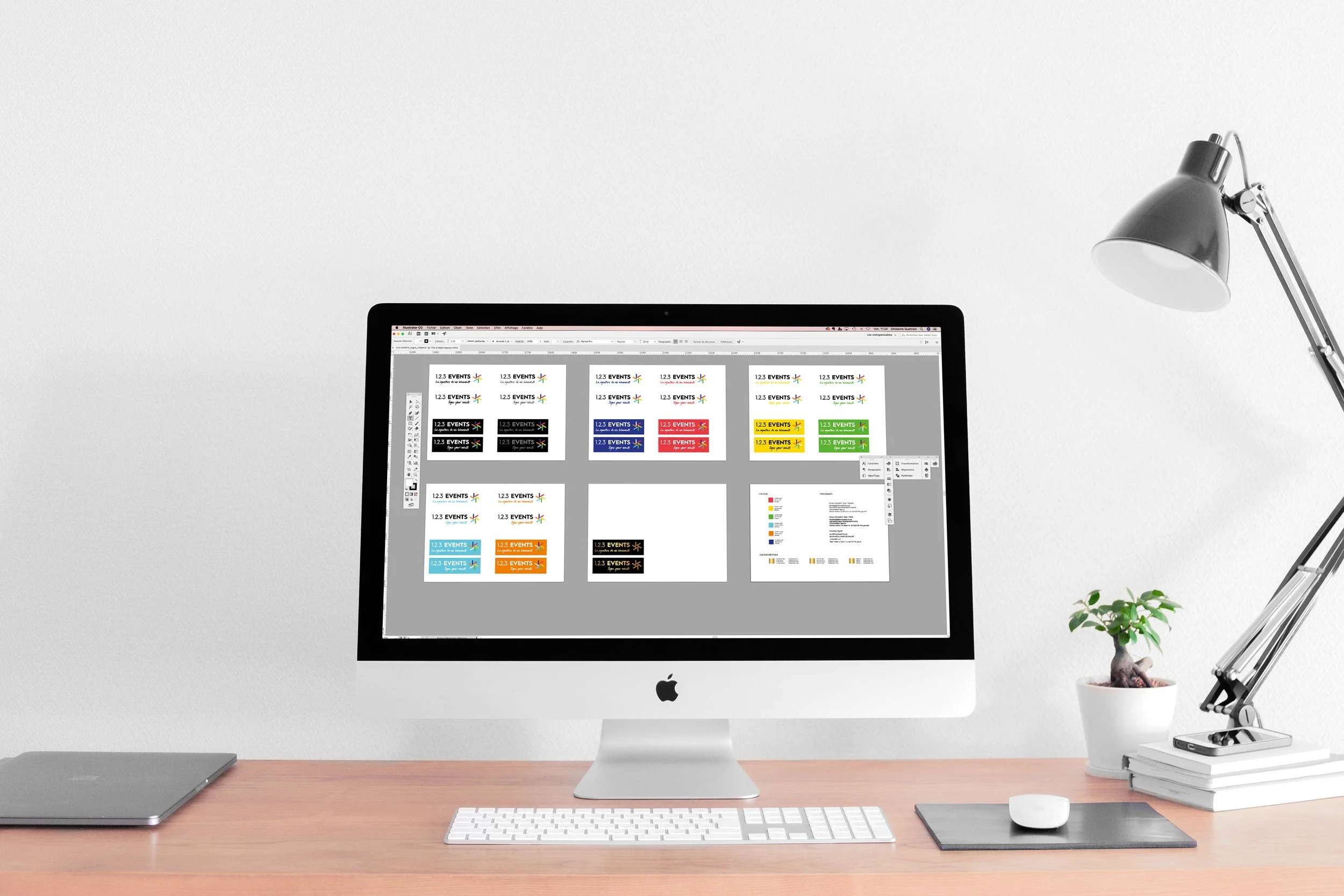 Déclinaisons couleurs du logo 1.2.3 Events présentées sur un mockup d'écran