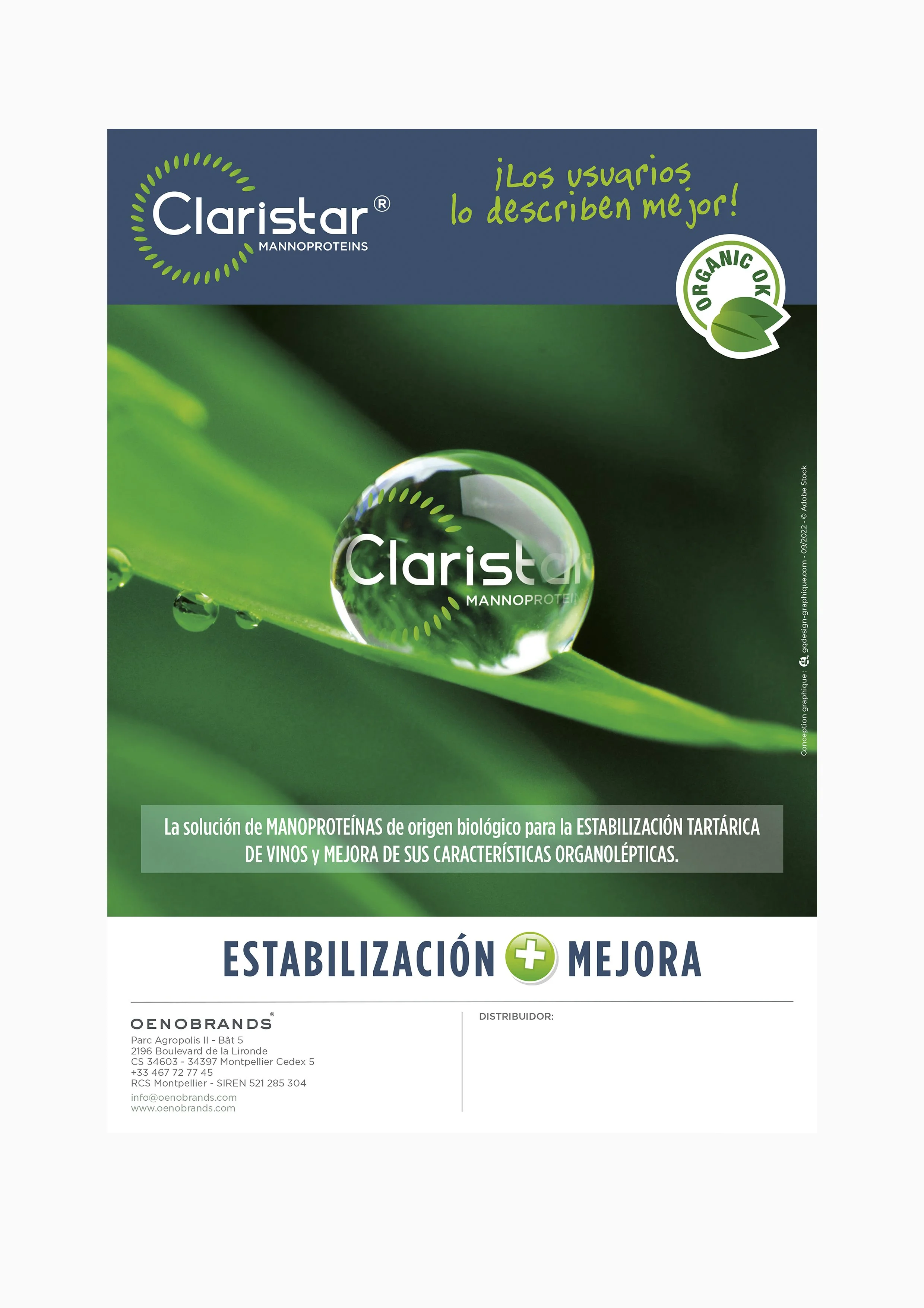 Publicité Claristar, nouvelle charte – goutte d'eau sur feuille verte, mannoprotéines biologiques pour le vin