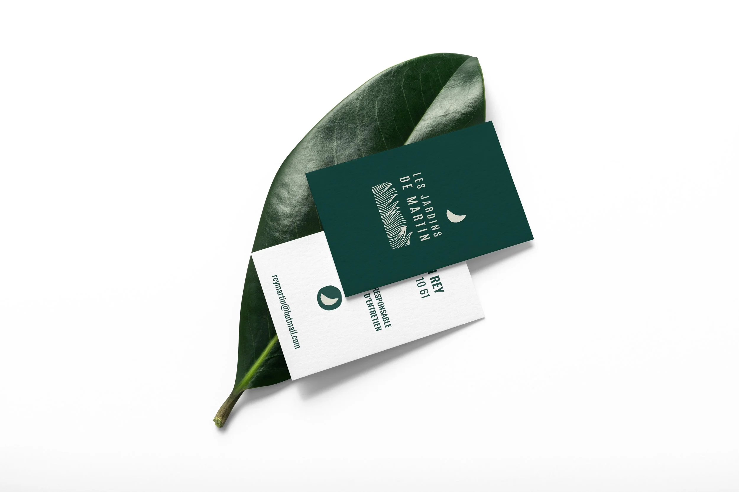 Carte de visite Les Jardins de Martin, jardinier, mise en scène avec une feuille évoquant le végétal