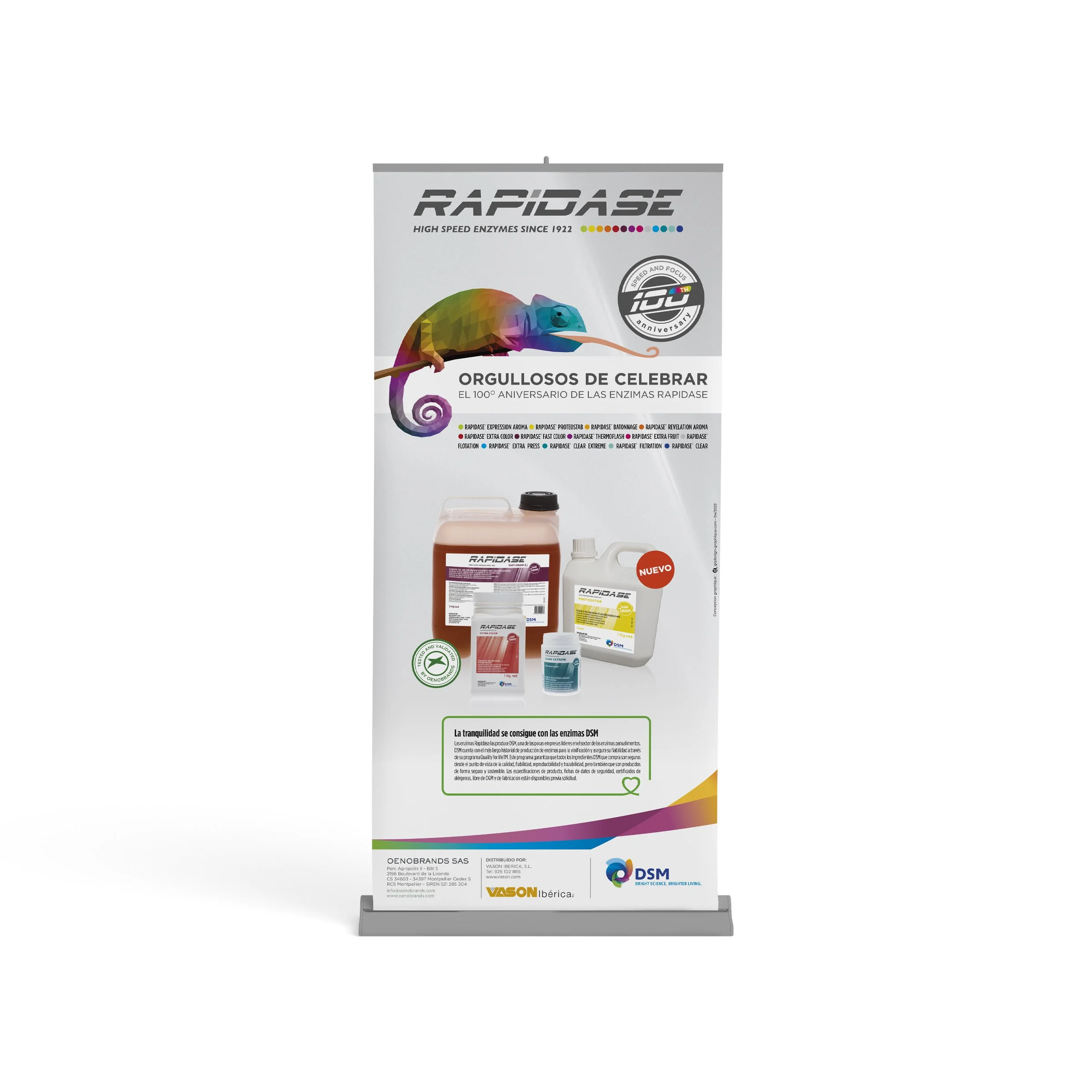 Kakémono (roll-up) Rapidase présentant les différents conditionnements de la gamme