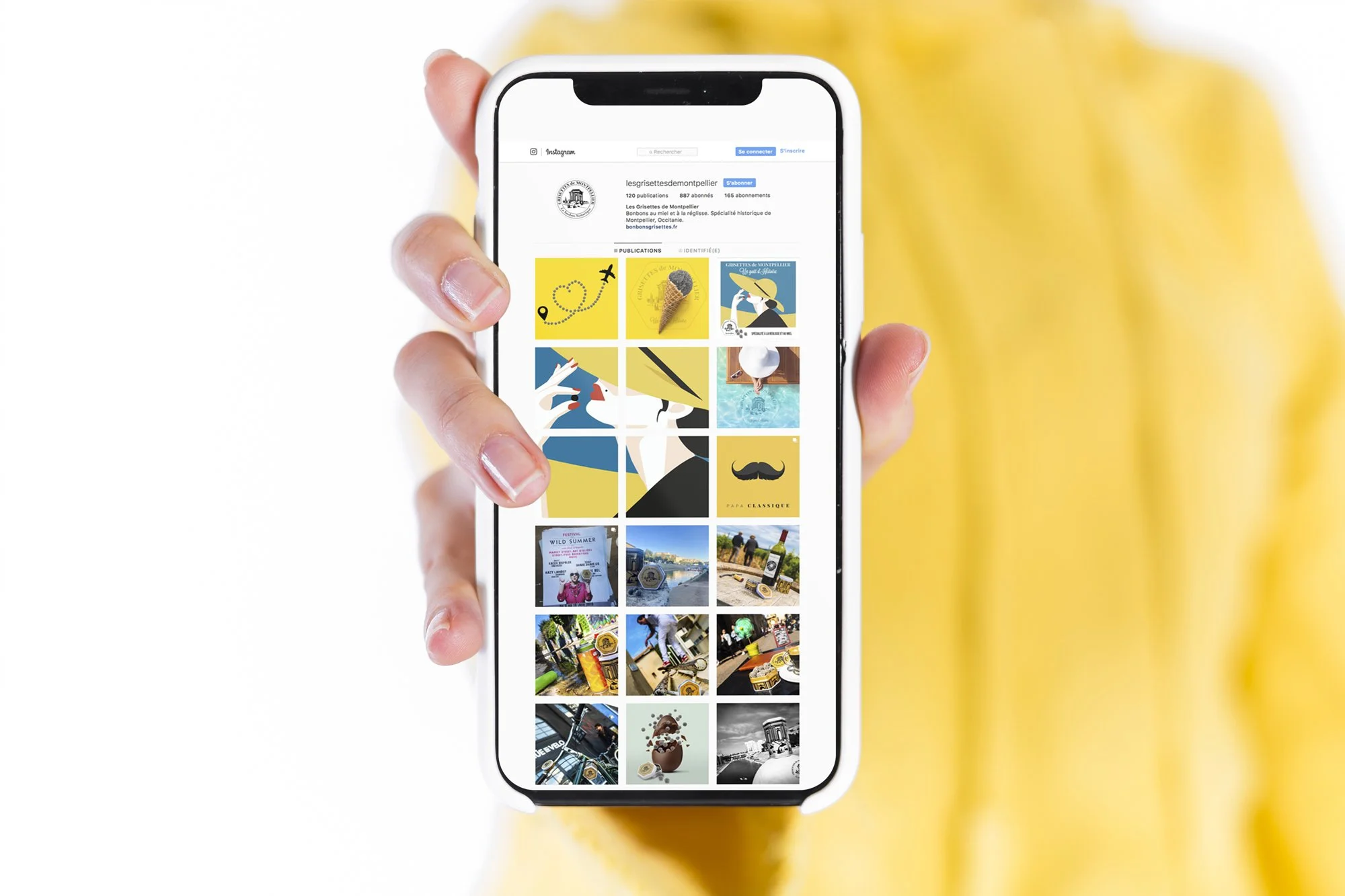 Page Instagram et posts des bonbons Grisettes tenus en main, communication de la reprise de la marque
