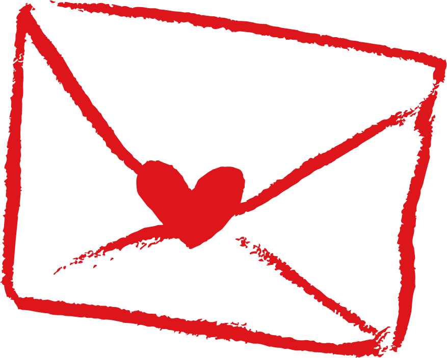 Red outline of an envelope with a heart in the center on a transparent background.