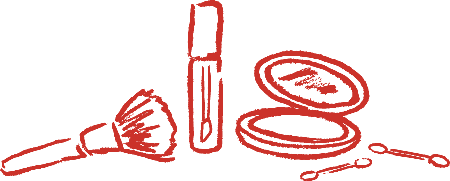 Red illustration of makeup items including a makeup brush, a lipgloss tube, a blush compact mirror, and a pair of cotton tips.