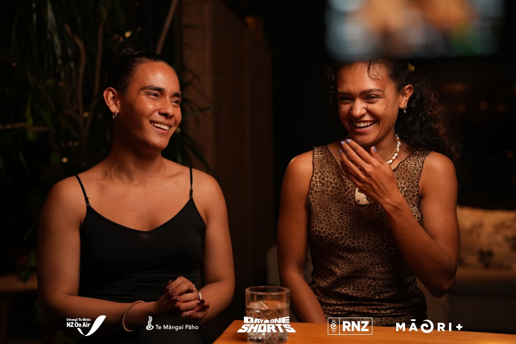 Two women are laughing and talking at a social gathering. One woman is wearing a black sleeveless top, and the other is wearing a leopard print sleeveless top and necklace. They appear to be enjoying a lively conversation indoors at nighttime.