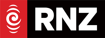 RNZ logo with red background, white spiral icon, and large white RNZ text