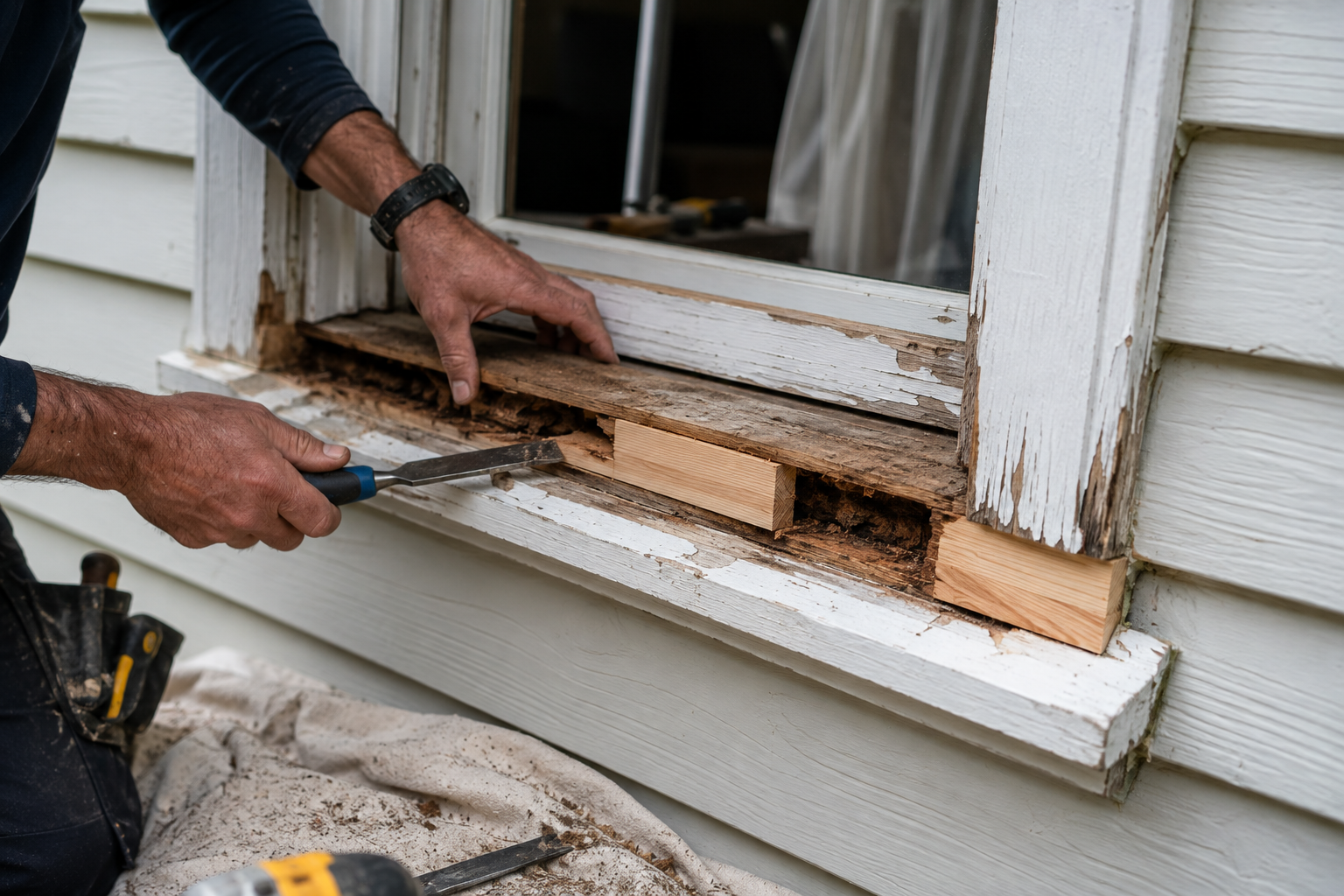 Timber window frame repair in progress before preparation and painting