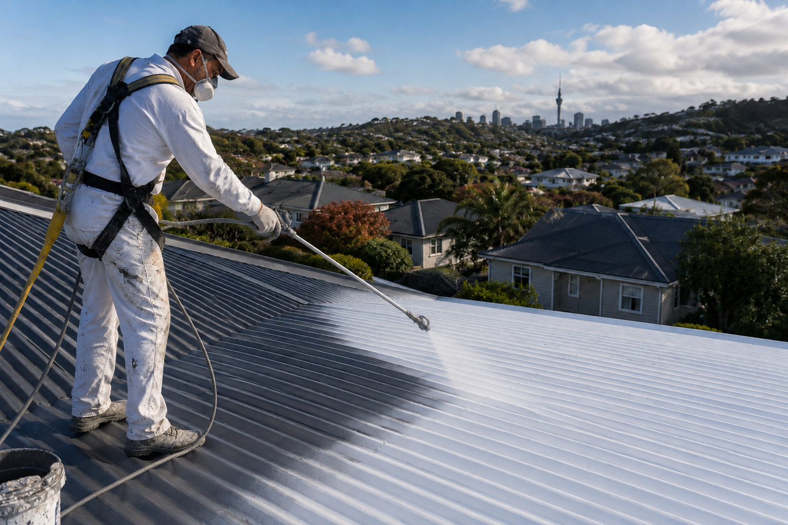 Roof painting contractor spray painting a metal roof in Auckland