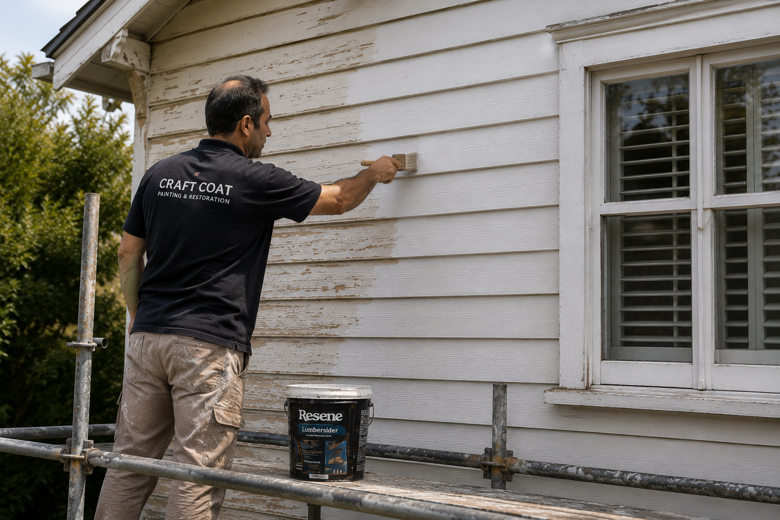 Professional exterior house painter preparing and painting weatherboards in Auckland