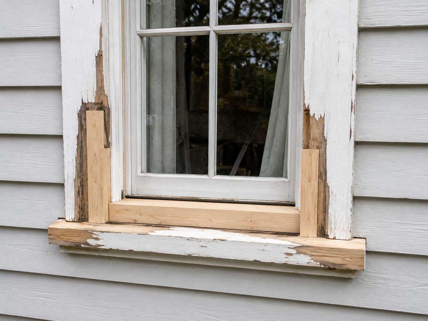 Repaired window frame and surrounding timber ready for preparation and painting