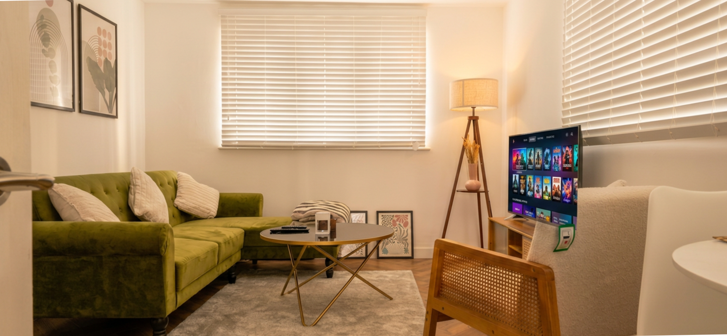 A cozy living room with a green velvet sofa, white and beige pillows, a round coffee table with a remote and decorative item, framed wall art, a standing pink vase with dried flowers, a TV showing streaming service menu, and large windows with white blinds.