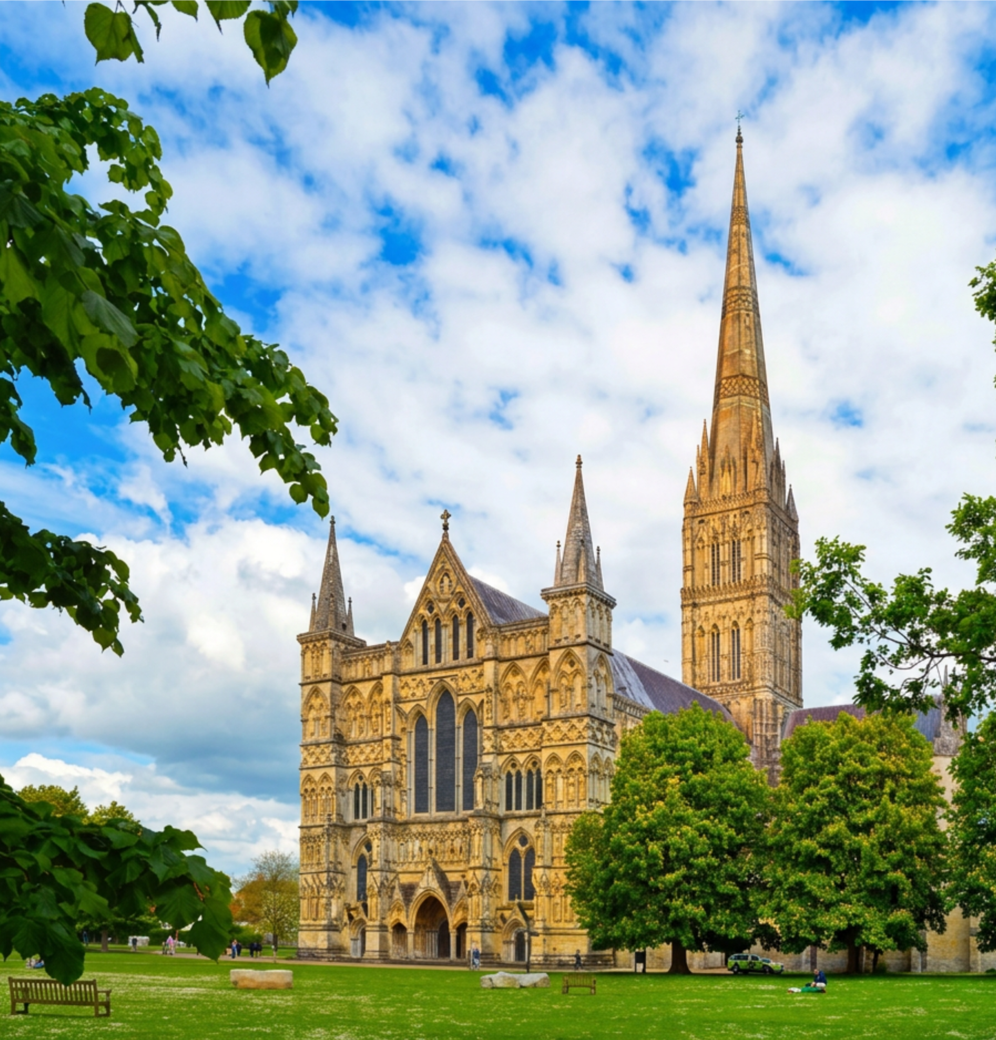 Historical cathedral with Gothic architecture surrounded by a park with green grass, trees, benches, and people relaxing.