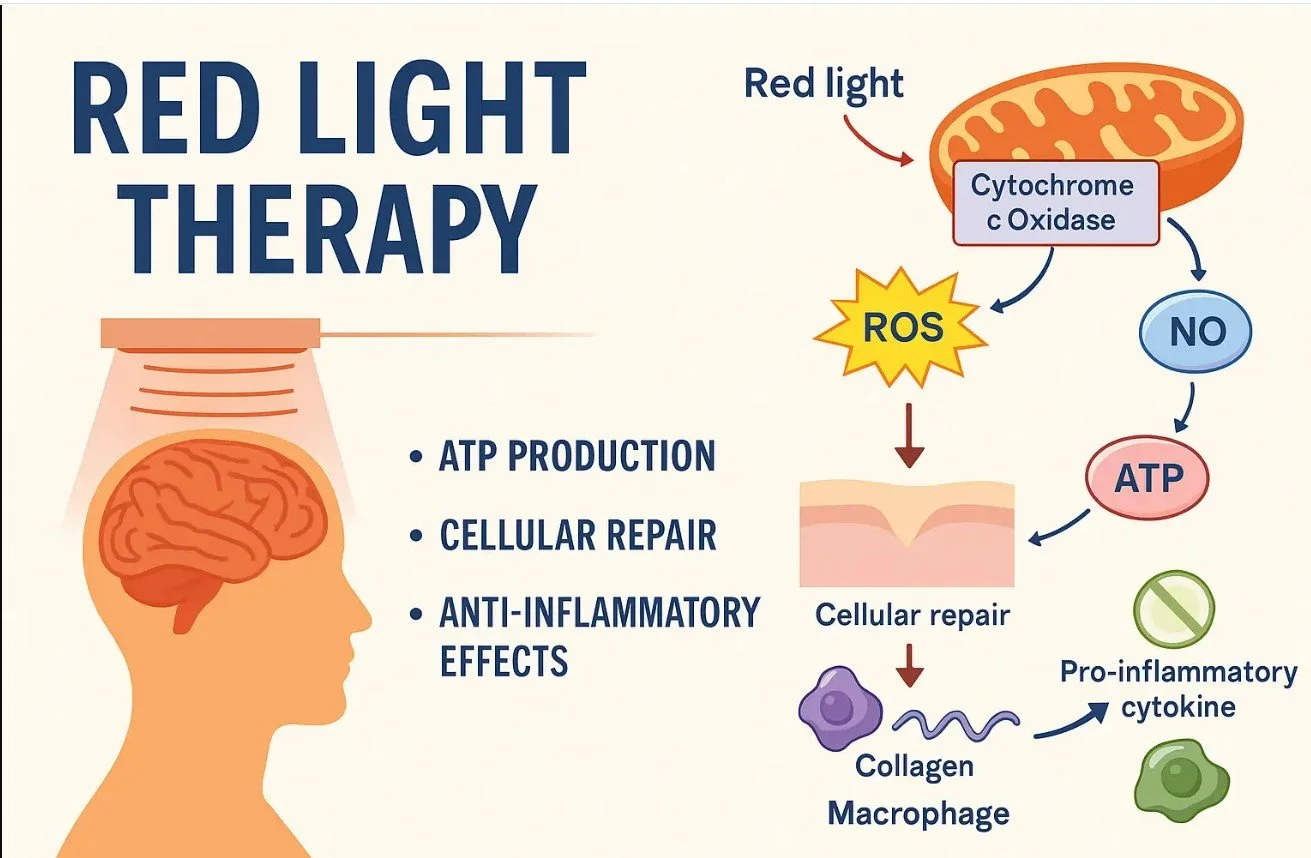 Diagram explaining red light therapy, showing how red light stimulates mitochondria to produce nitric oxide, reduce reactive oxygen species, promote cellular repair, ATP production, and anti-inflammatory effects, illustrated with a human profile and cellular icons.