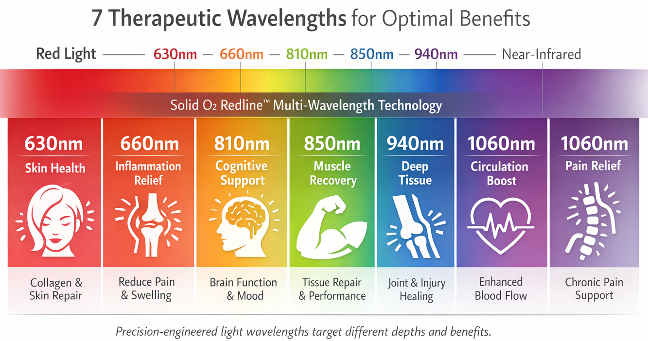 Chart showing 7 therapeutic light wavelengths ranging from 630nm to 1060nm, with benefits including skin health, inflammation relief, cognitive support, muscle recovery, deep tissue healing, circulation boost, and pain relief, illustrating the technology used for targeted therapy.
