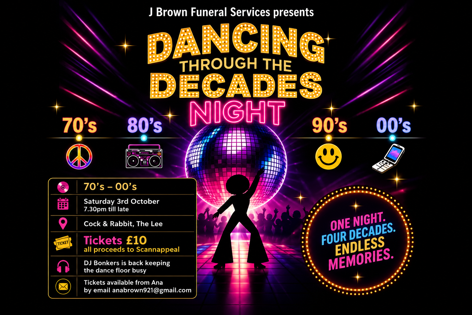 A vibrant, neon-themed poster for a 1970s to 2000s themed night event called 'Dancing Through the Decades Night'. The poster features a silhouette of a person dancing in front of a large disco ball, with rainbow-colored light beams and star accents. It highlights music and dance from each decade, with symbols for peace, boombox, smiley face, and mobile phone. Details include date, time, location, ticket price, and contact email, with a slogan reading 'One night. Four decades. Endless memories.'