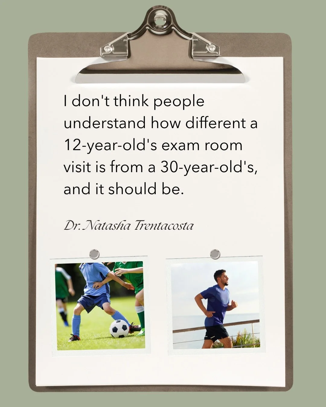 A 12-year-old&rsquo;s exam room visit should look nothing like a 30-year-old&rsquo;s, and most people don&rsquo;t realize how different they are.⁠
⁠
The imaging is different. The conversation is different. Who&rsquo;s in the room is different.⁠
⁠
A y