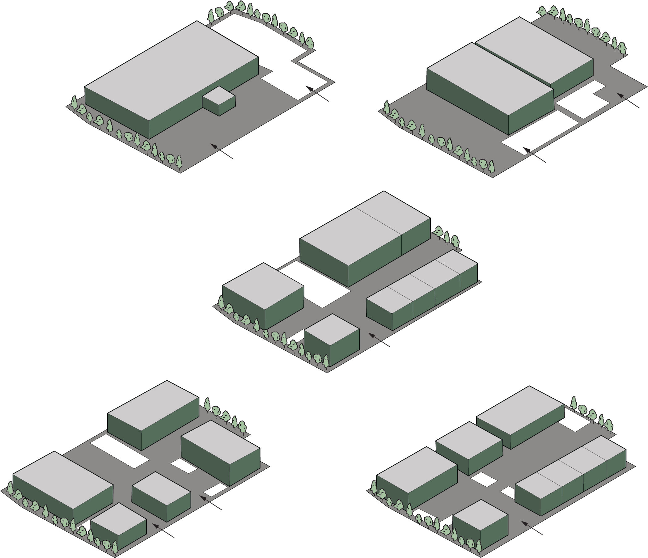 Isometric diagrams showing various options of a building layouts, with a focus on the structure and surrounding landscape.