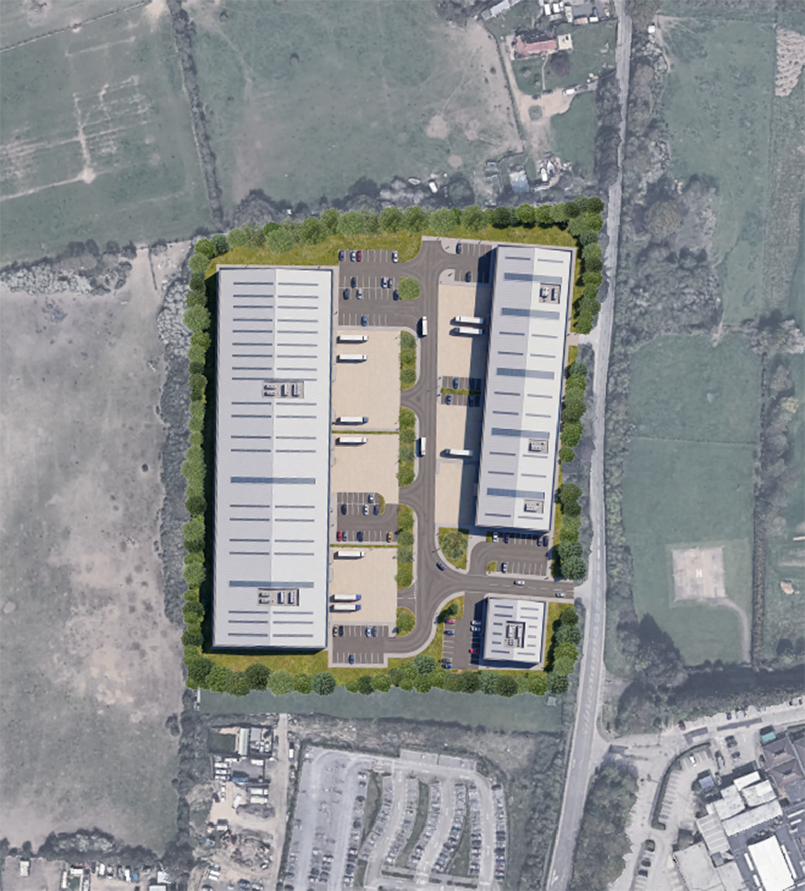 Aerial view of a large modern B8 building with parking surrounded by green trees, with fields and smaller buildings nearby.
