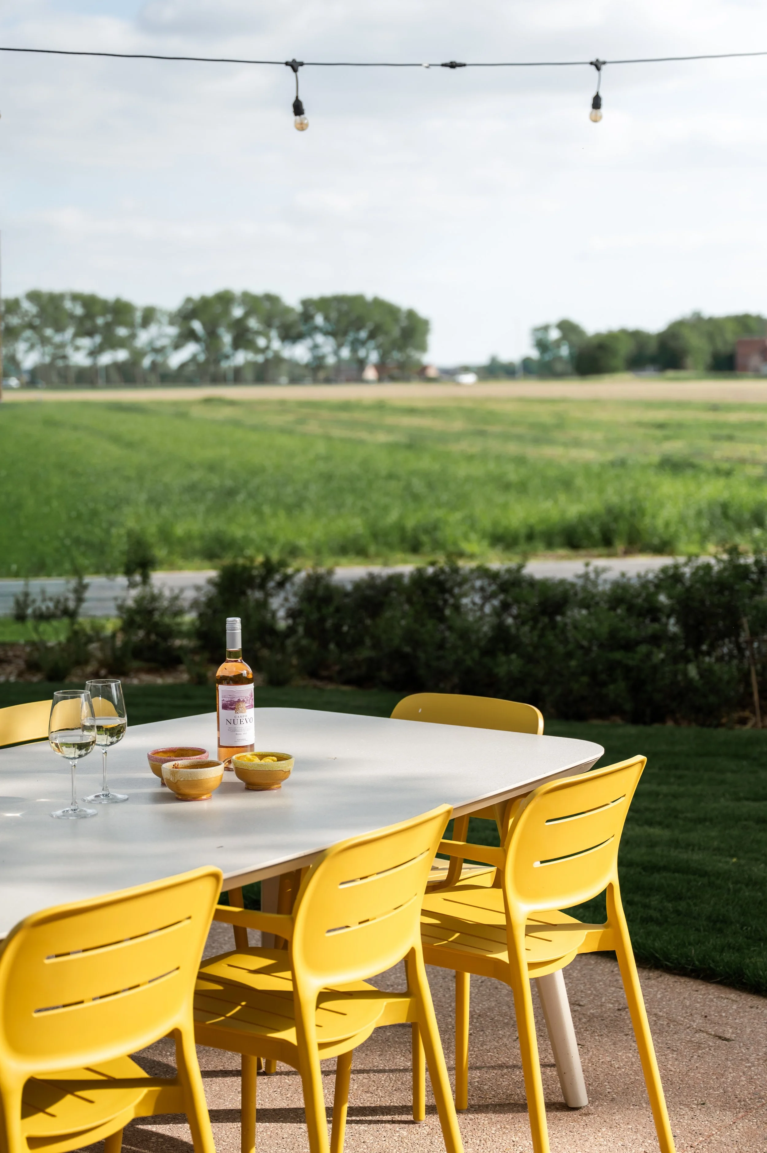 An outdoor dining table with yellow chairs, a bottle of white wine, two wine glasses, and small bowls of food, set against a grassy background with trees and a cloudy sky.