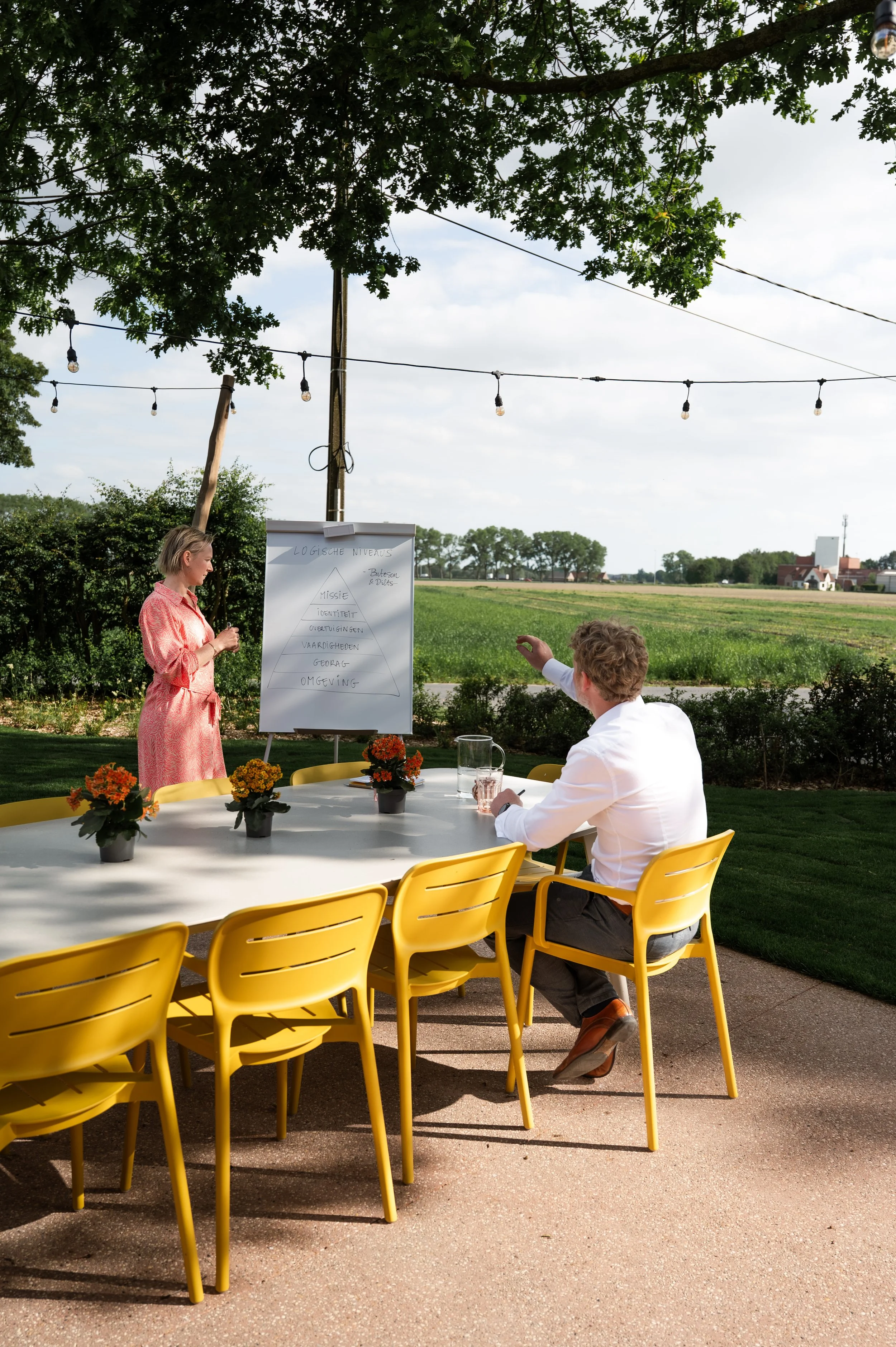 Private outdoor terrace with field views at Barn of Bliss corporate offsite venue near Bruges, West Flanders