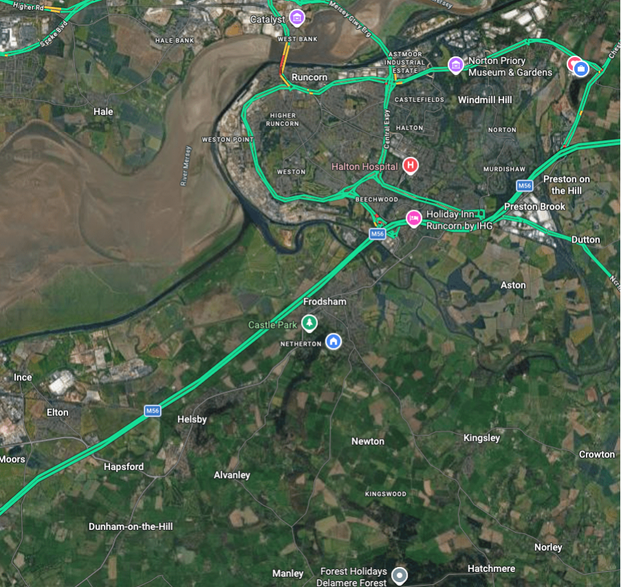 Satellite map of Runcorn, Cheshire, showing river, roads, landmarks like Halton Hospital, Holiday Inn, and Norton Priory Museum and Gardens.