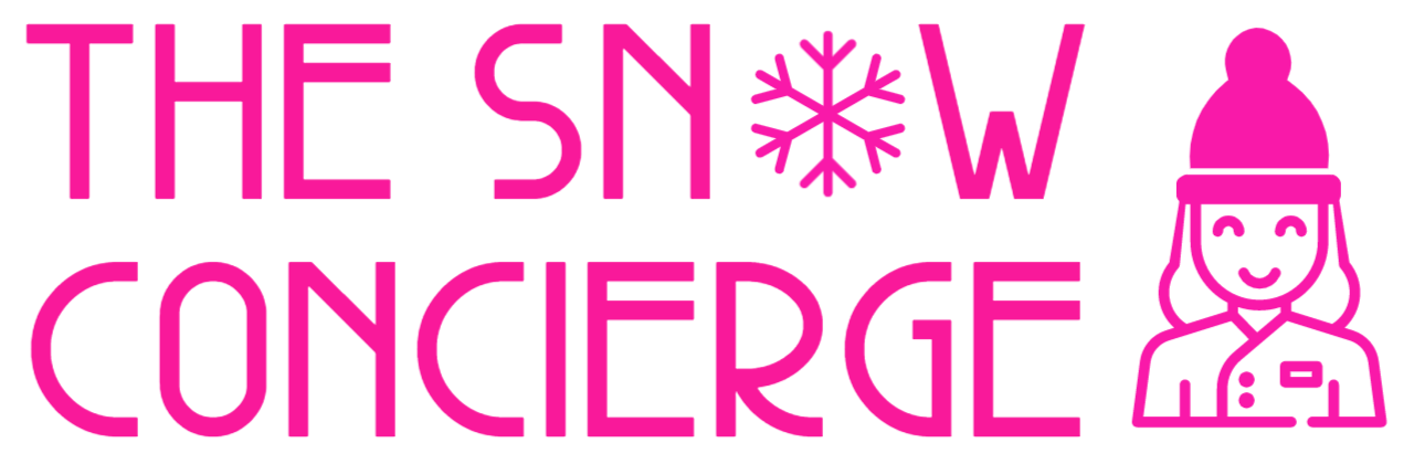 Logo of The Snow Concierge featuring pink text and graphics, including a snowflake and a smiling person wearing a winter hat.