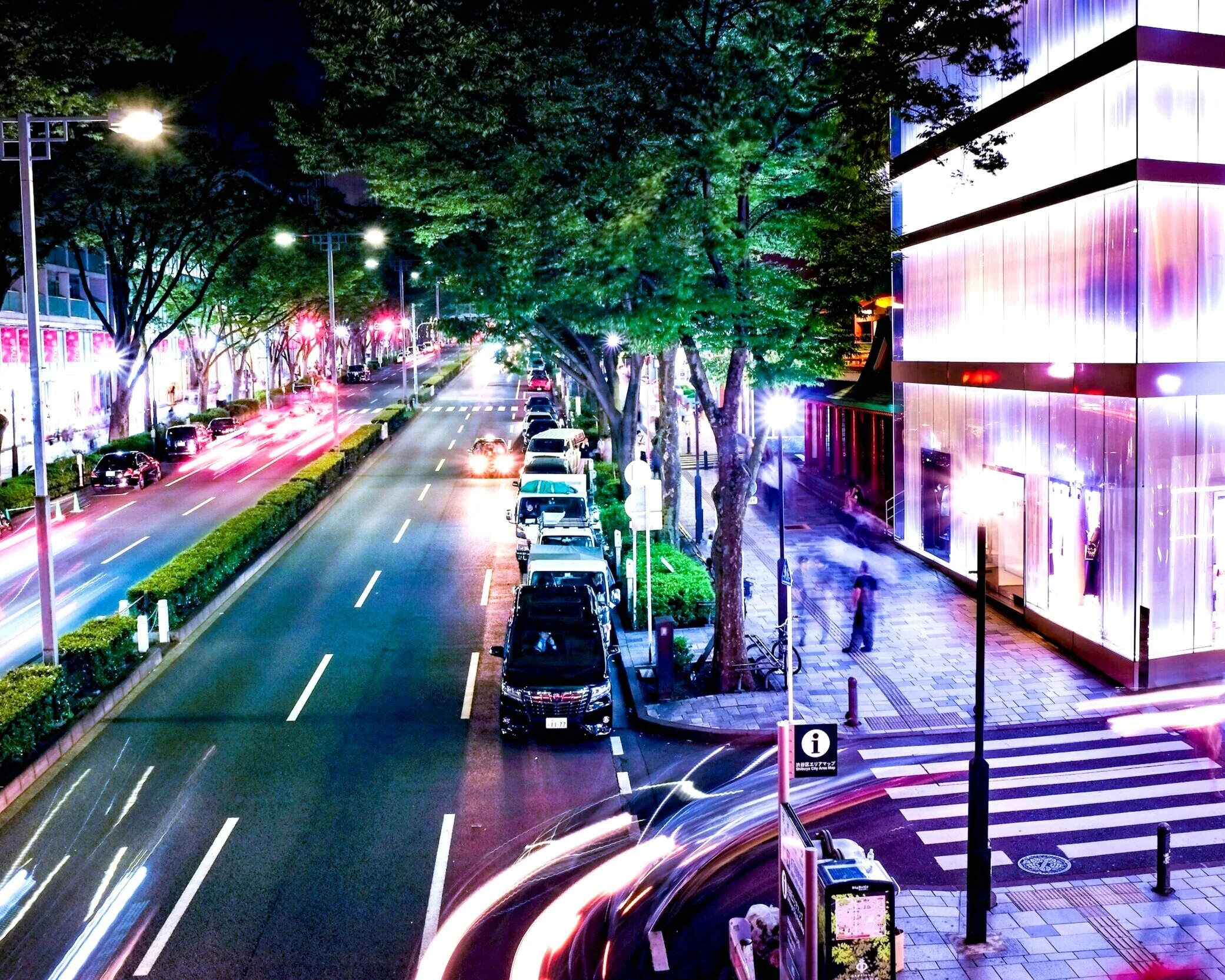 Looking down at Omotesando Dori at night