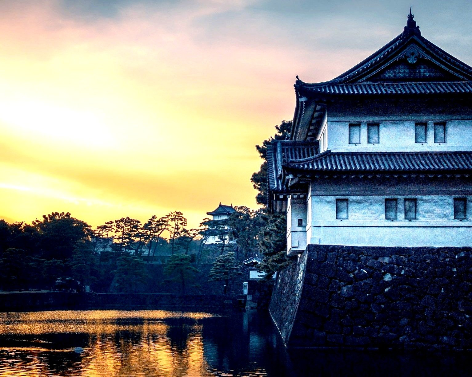 Traditional Japanese castle beside a calm river at sunset with trees in the background.