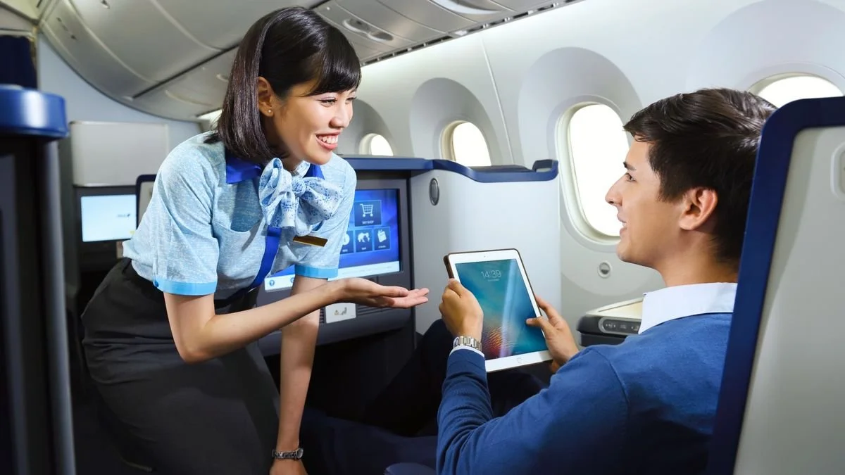 Flight attendant on ANA Business Class