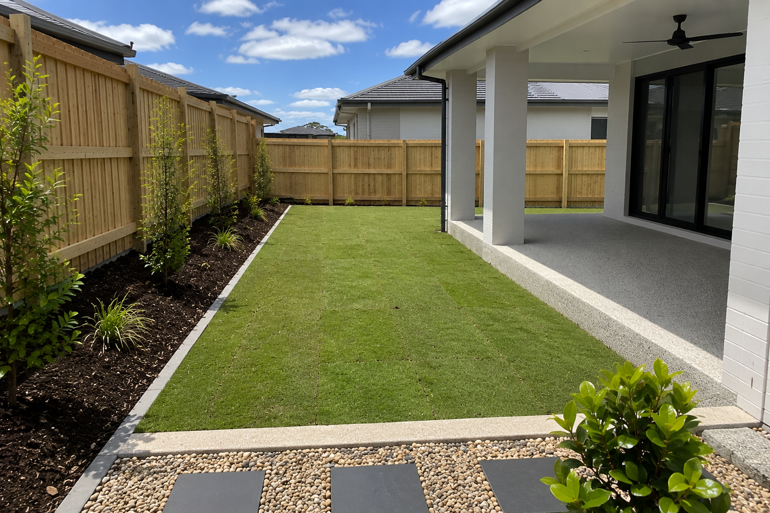 Landscaping works including site preparation, turf installation and finishing touches to complete the outdoor space.