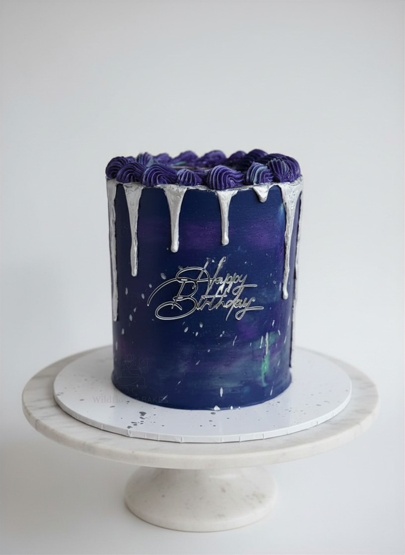 A tall birthday cake with galaxy-themed purple and black icing, white drip decorations on top, and 'Happy Birthday' written on the front, placed on a white marble cake stand.