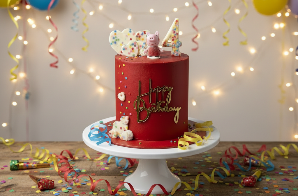 A red birthday cake with a 'Happy Birthday' message, decorated with a Peppa Pig figure, a number 4 topper, and animal-shaped cookies, surrounded by party confetti, paper streamers, and noisemakers on a wooden table with a string of lights in the background.