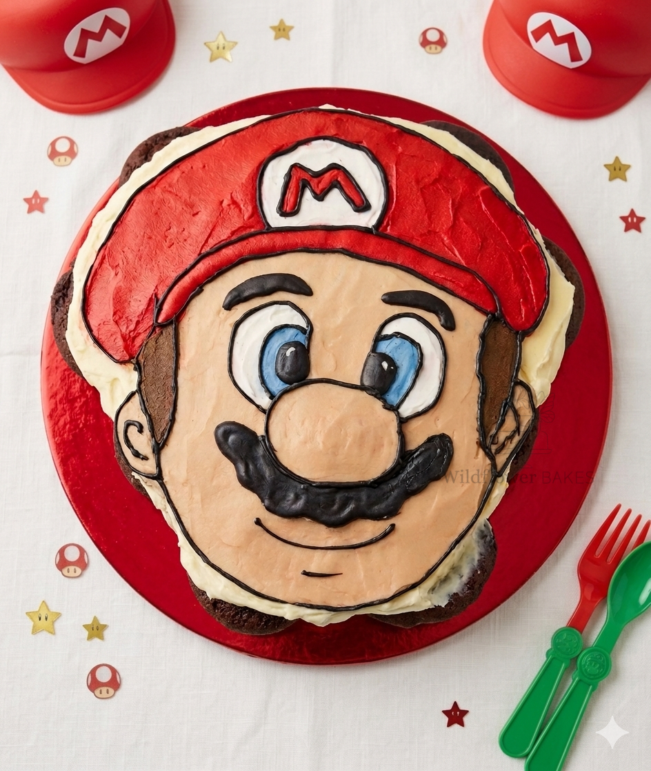 Pull-apart-cupcake Cake decorated with a Super Mario character face, including red cap with an 'M', blue eyes, black mustache, and facial features, set on a red platter with Star and mushroom themed decorations.