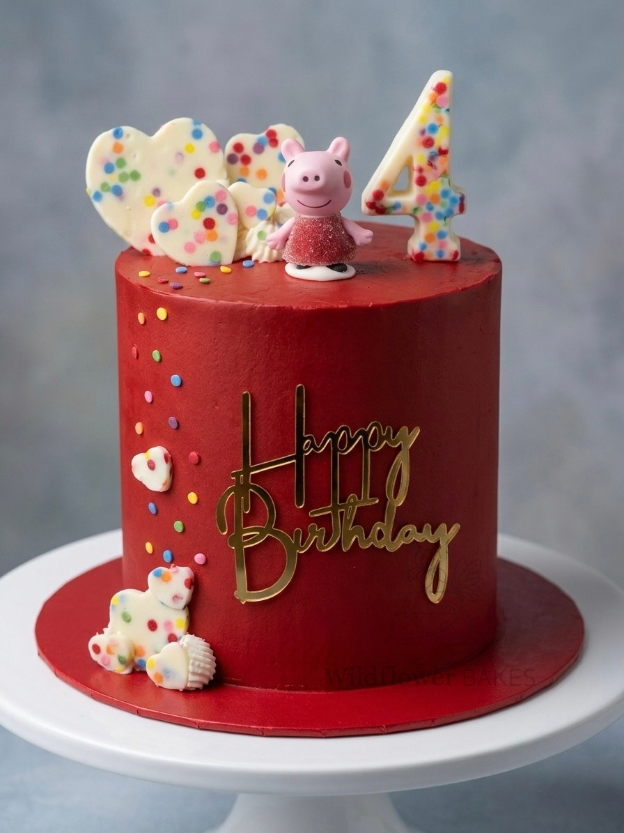 Red birthday cake with decorations including Heart-shaped and bear-shaped cookies with rainbow sprinkles, a small figurine of Peppa Pig, and a number 4 candle with rainbow sprinkles. "Happy Birthday" sign on the cake.